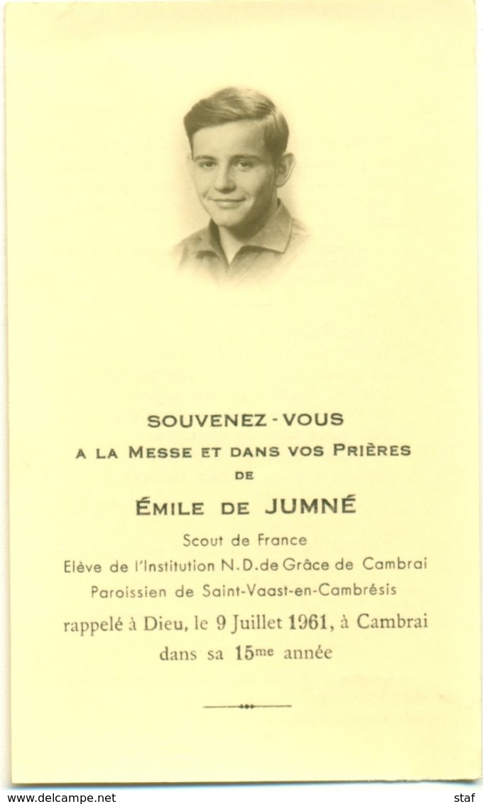 Emile De Jumné - Scout De France - Elève N.D. De Grâce De Cambrai - Paroissien De Saint-Vaast-en-Cambrai - 1961 - Obituary Notices