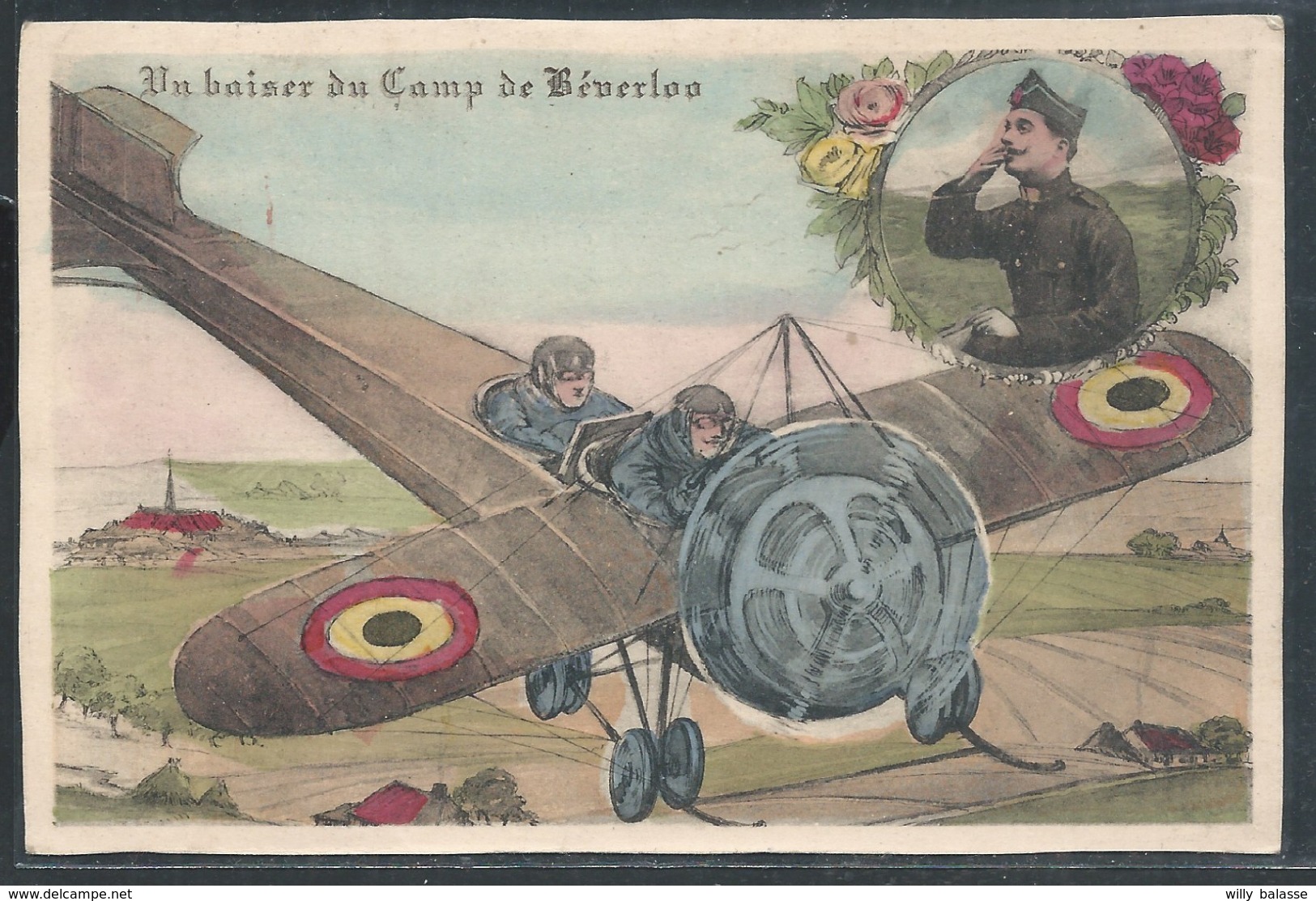 CPA Un Baiser Du Camp De Beverloo + Avion Militaire Couleur - Beringen