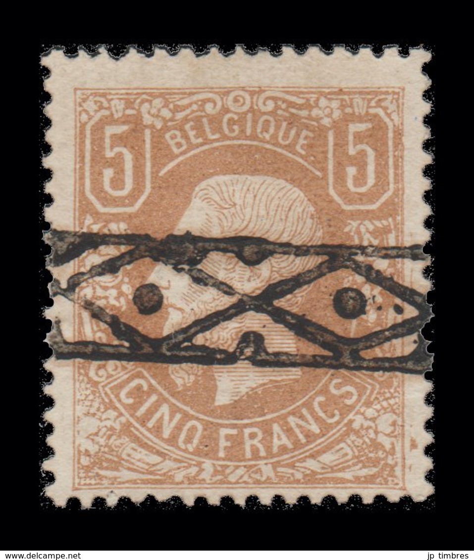 COB 37A, 5 Francs (Brun Pâle) "FAUX" - Annulé Par L'oblitération Roulette. Dentelure Impeccable - 1883 Léopold II