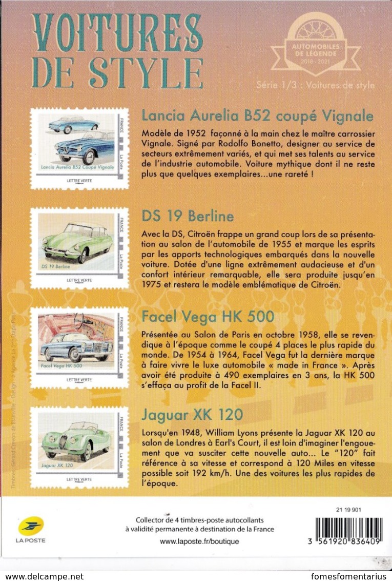 Automobiles de légendes, 3 blocs , 12 timbres collectors, 12 cartes postales (voir les 8 scans)