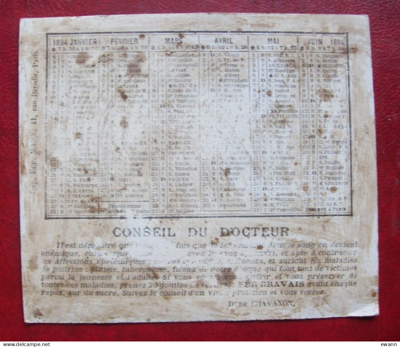 1894 -Calendrier Publicitaire Fer Bravais (pharmacie) - De Janvier à Juin 1894 - Kleinformat : ...-1900