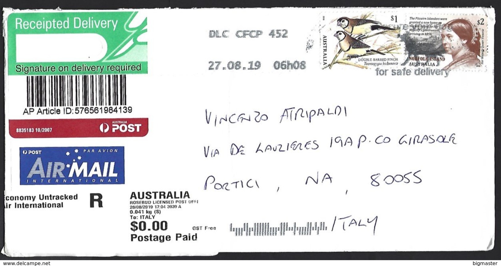 Australia Viaggiata Per L'Italia  Registrata 2019 - Storia Postale