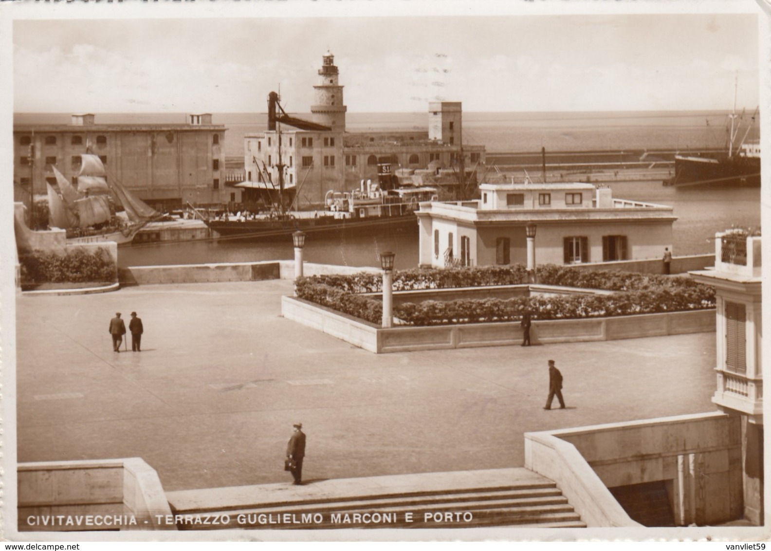 CIVITAVECCHIA-TERRAZZO GUGLIELMO MARCONI E PORTO-CARTOLINA VERA FOTOGRAFIA VIAGGIATA TRA IL 8-9-1949 - Civitavecchia