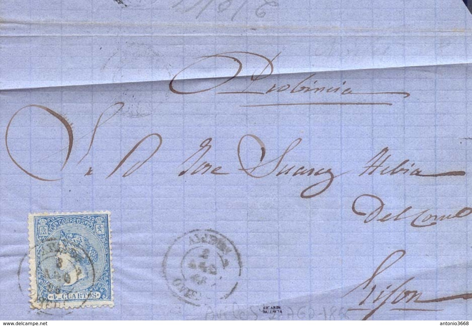 Año 1866 Edifil 81  4c Sello Isabel II Envuelta  Matasellos Aviles Oviedo - Briefe U. Dokumente