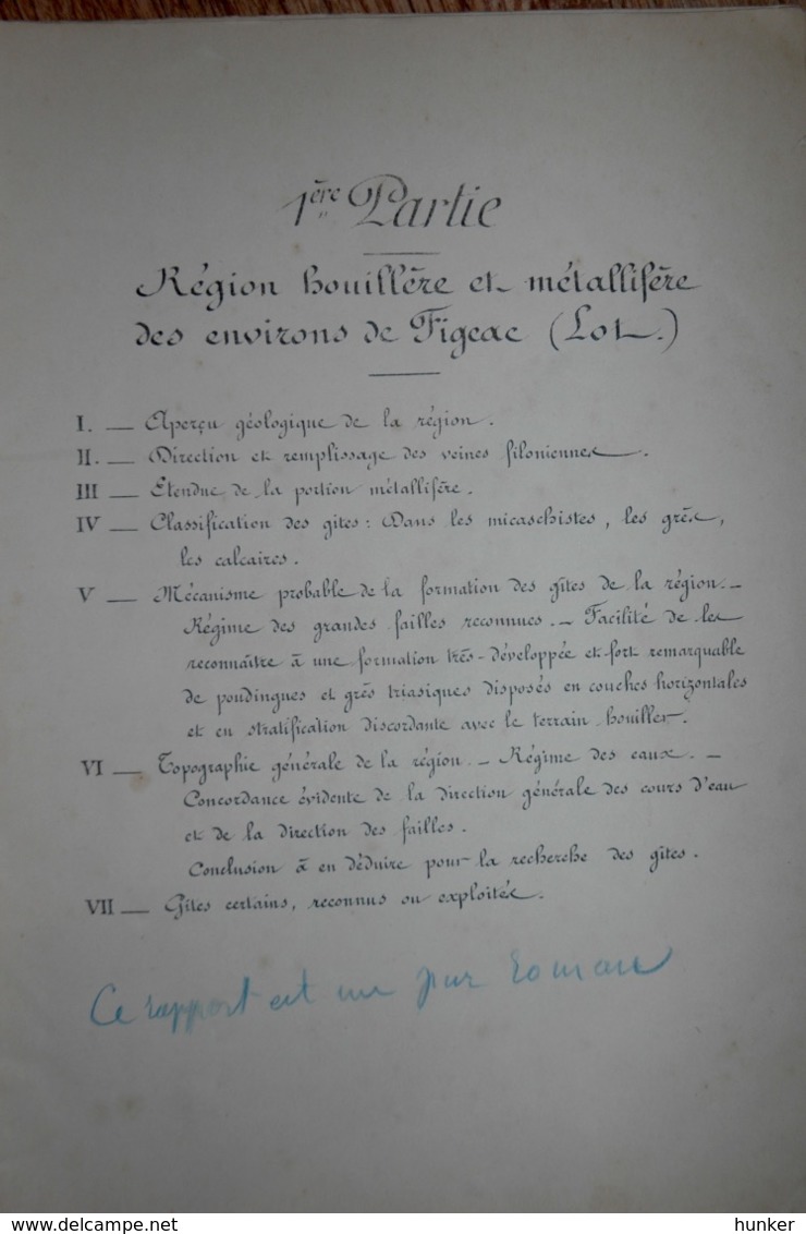 Rapport Région Houillère Et Métallifère Des Environs De Figeac Lot 1882 Mines Mine - Documents Historiques