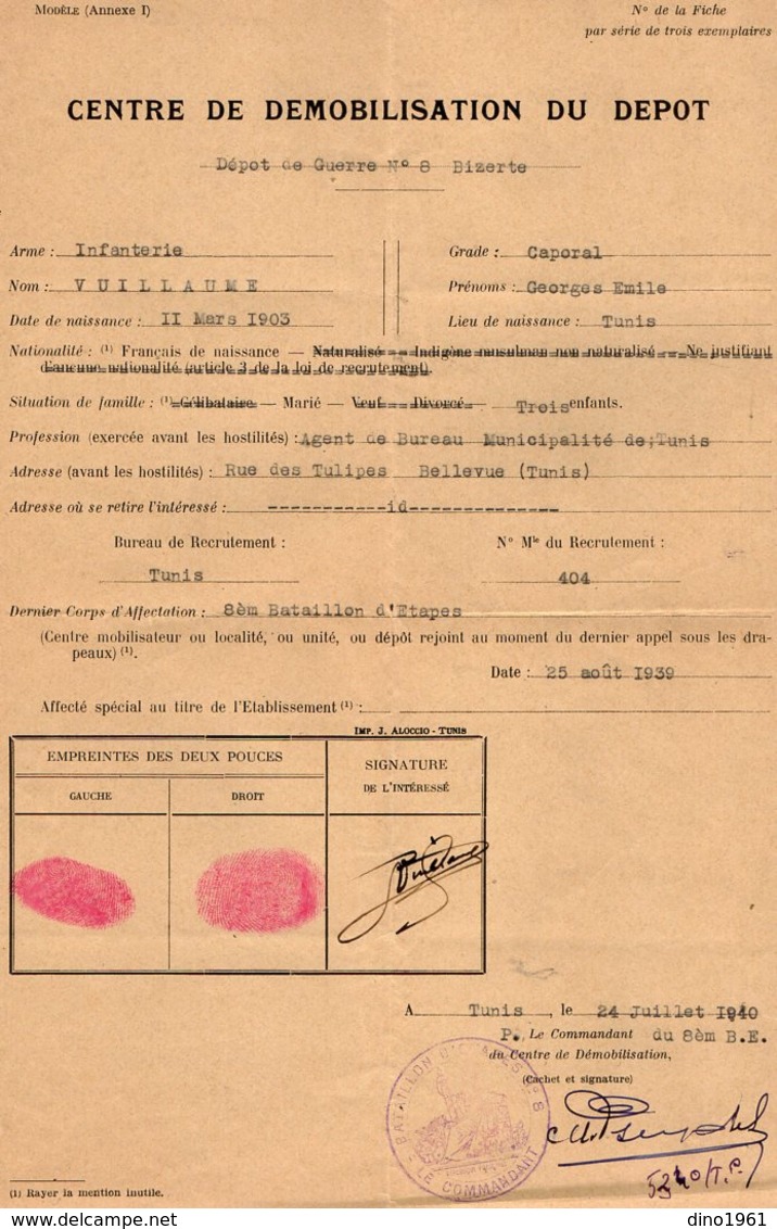 VP15.726 - MILITARIA - TUNIS 1939 - Document Concernant Le Soldat Georges VUILLAUME - Documents