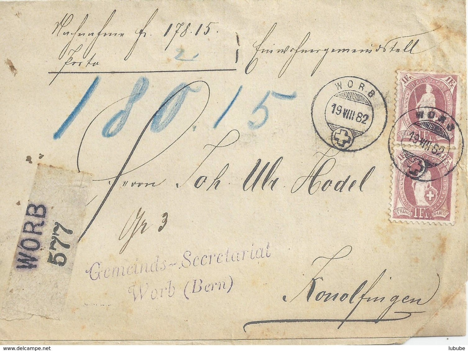 R NN  "Gemeindesteuerquittung Worb" - Konolfingen           1882 - Storia Postale