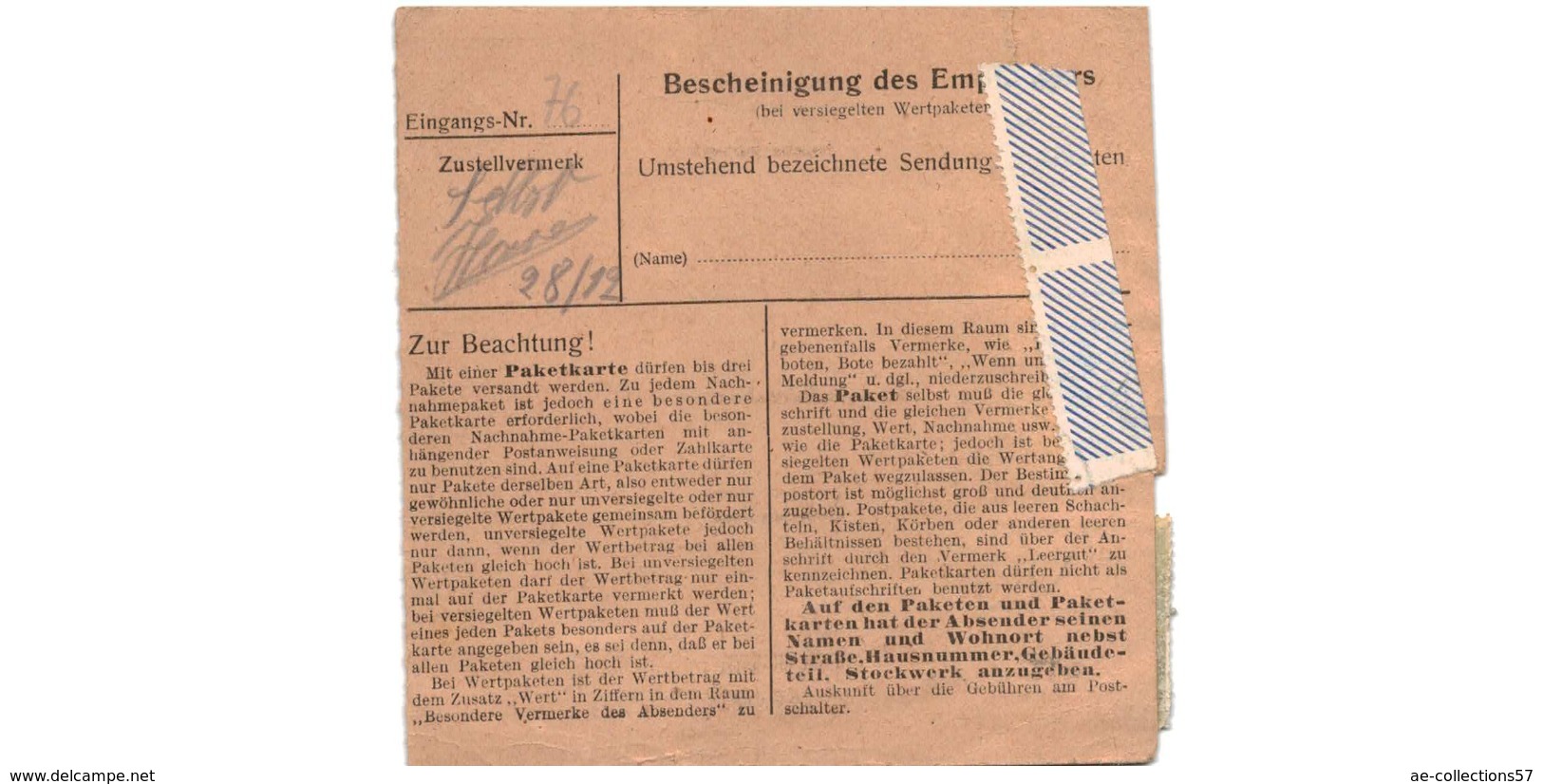 Colis Postal  / De Bietigheim / Pour Waldheim - Cartas & Documentos