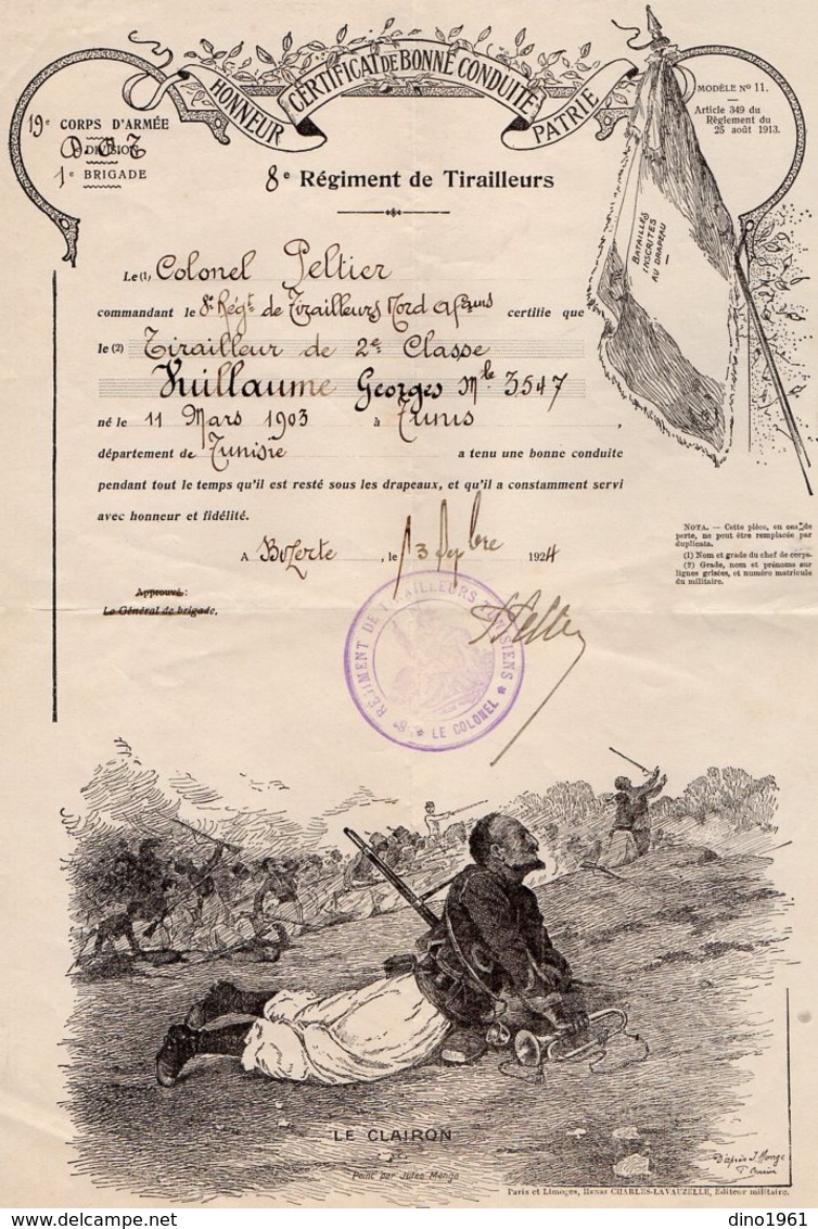 VP15.734 - MILITARIA - BIZERTE 1924 - Certificat De Bonne Conduite - Soldat Georges VUILLAUME Du 8 è Rgt De Tirailleurs - Dokumente