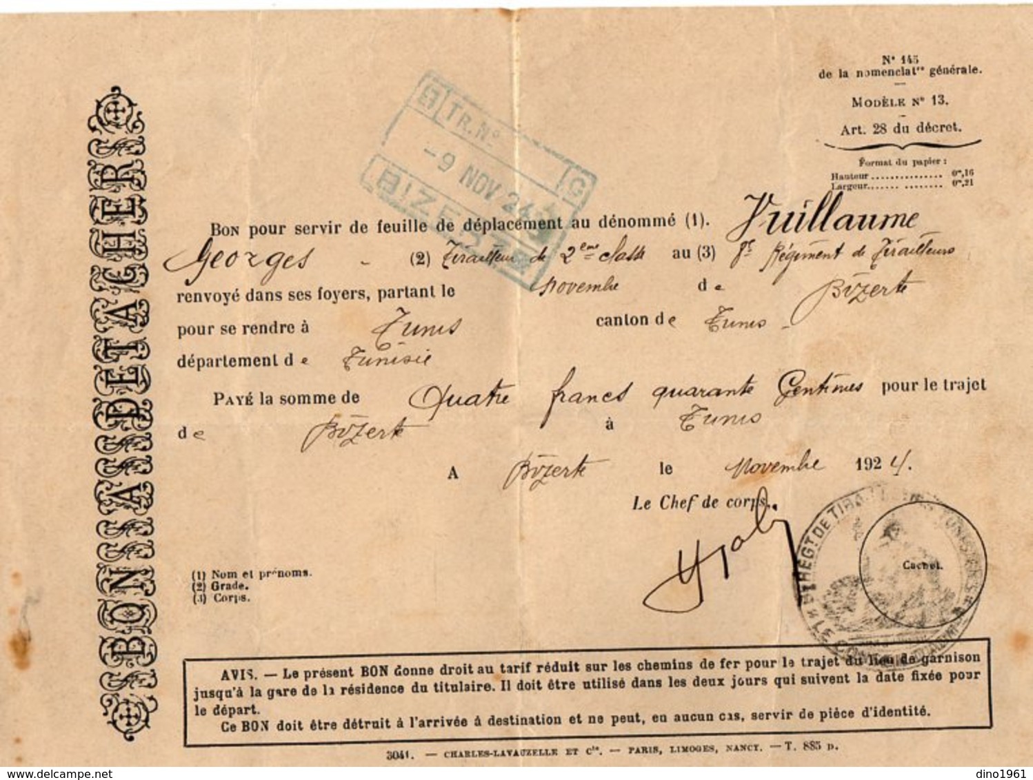 VP15.735 - MILITARIA - BIZERTE 1924 - Document Concernant Le Soldat Georges VUILLAUME Du 8 è Rgt De Tirailleurs - Documenti