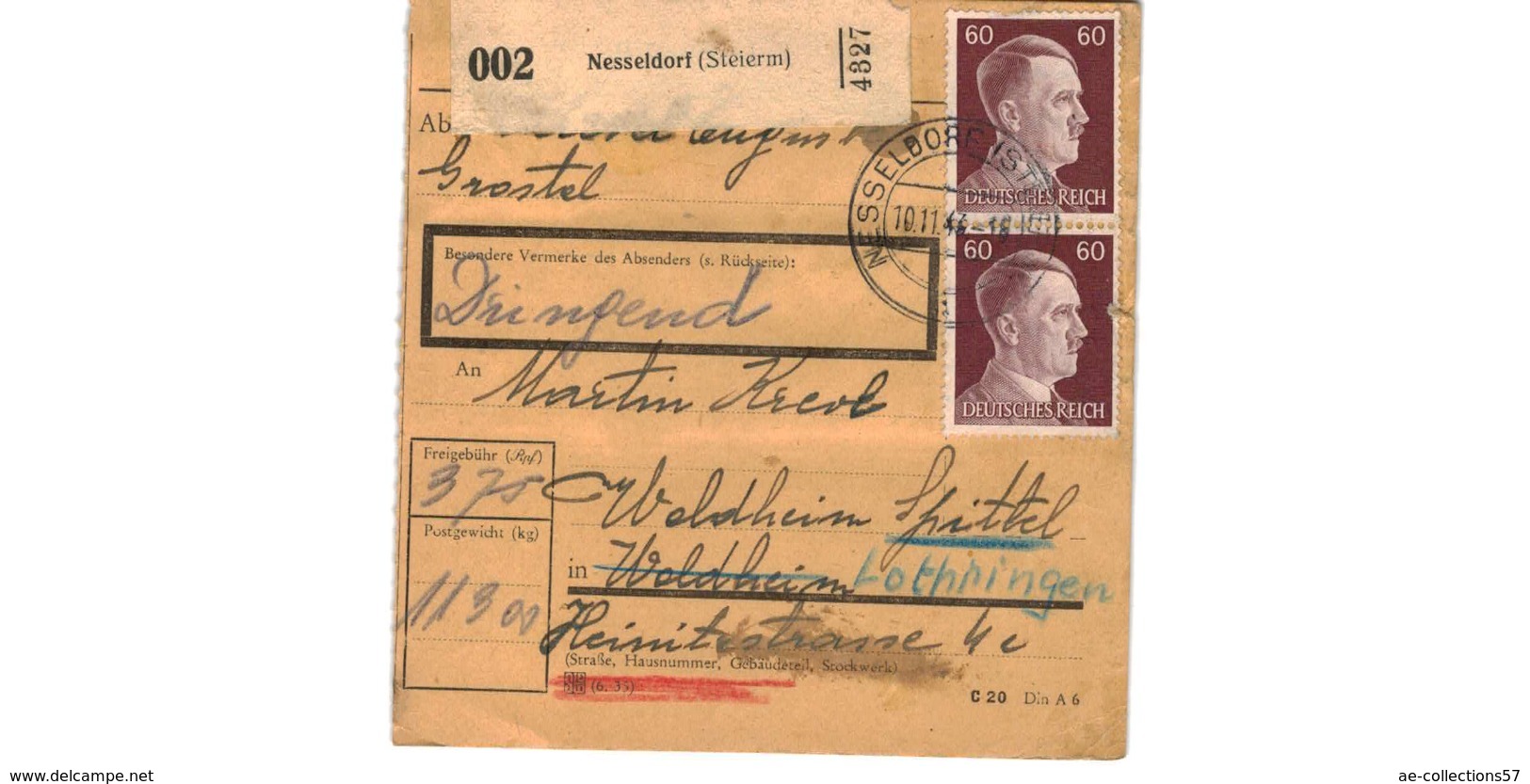 Colis Postal  / De Nesseldorf ( Steierm )  / Pour Waldheim  / 10-11-43 - Briefe U. Dokumente