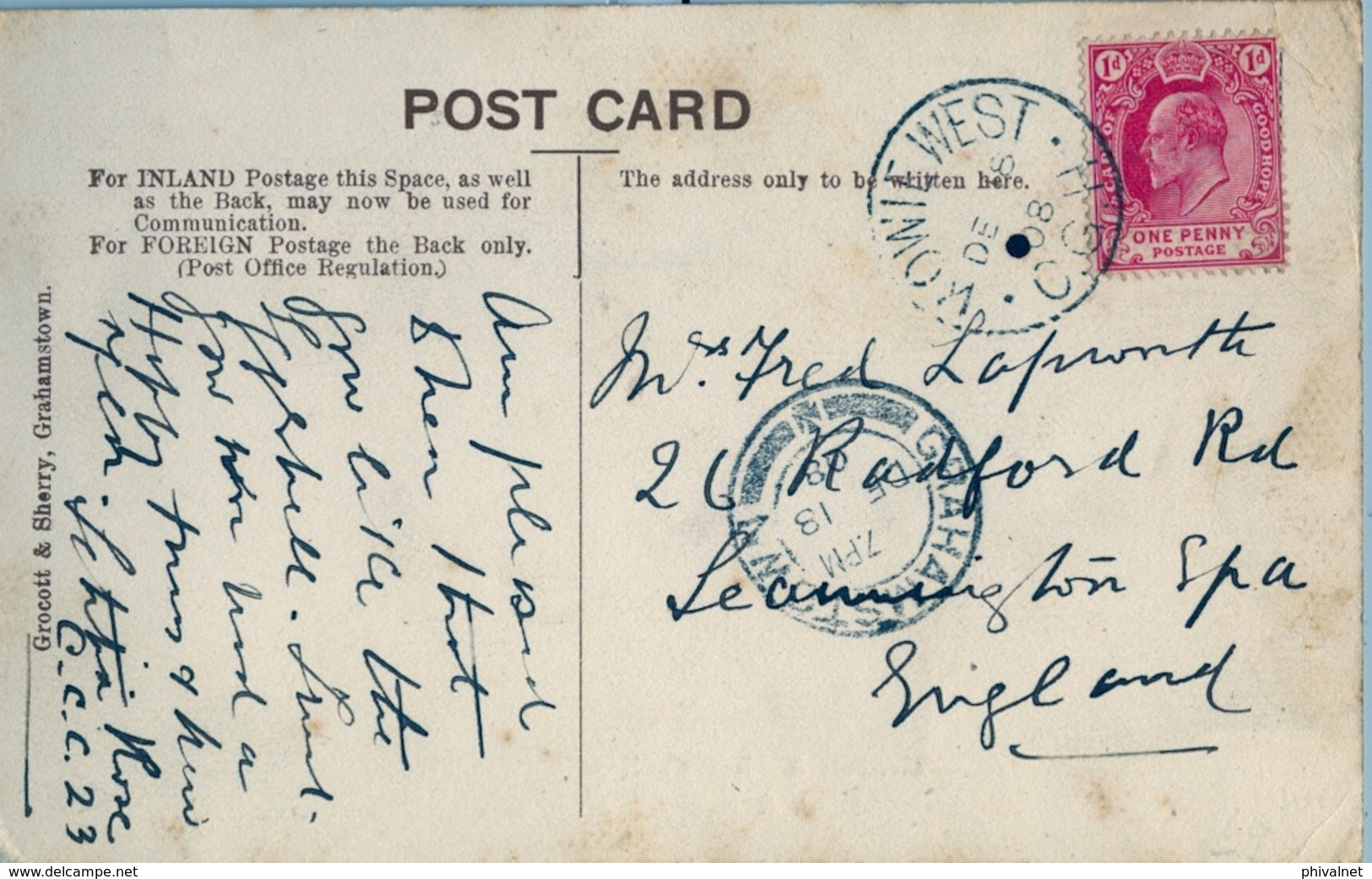 1908 , SUDAFRICA , TARJETA POSTAL CIRCULADA , KOWIE WEST , GROCOTT & SHERRY'S NEW STATIONERY - GRAHAMSTOWN - Sudáfrica