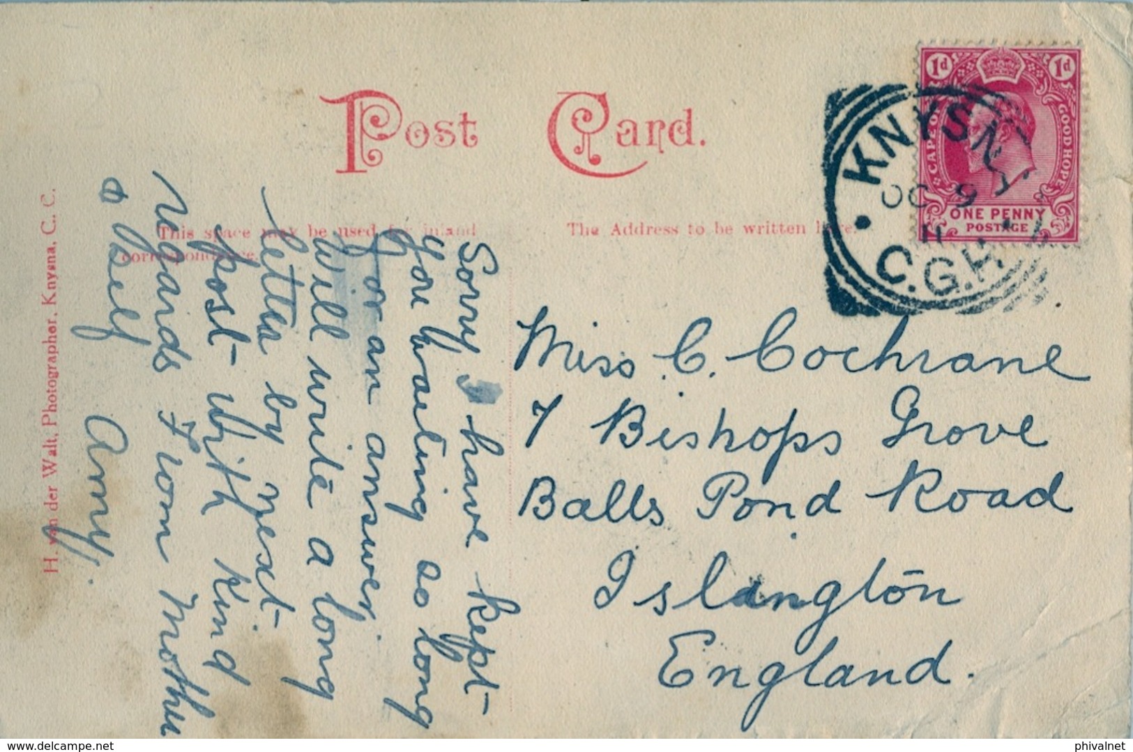 1911 , SUDAFRICA , TARJETA POSTAL CIRCULADA , KNYSNA , NATURAL ARCH - EASTERN HEADS - Sudáfrica