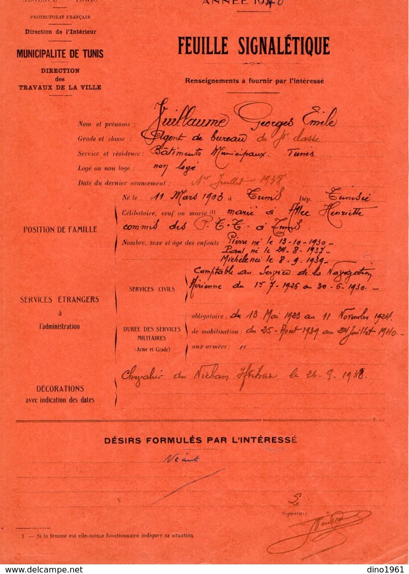 VP15.741 - MILITARIA - TUNIS1923 - Feuille Signalétique Concernant Mr Georges VUILLAUME Agent De Bureau ..... - Documenten