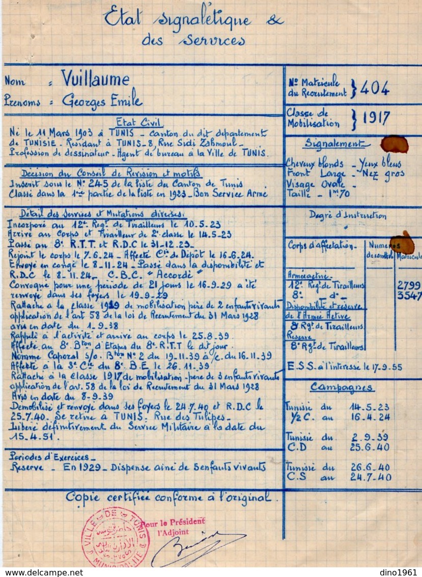 VP15.743 - MILITARIA - TUNIS 1951 - Etat Signalétique & Service Concernant Mr Georges VUILLAUME Ancien Tirailleur - Documentos