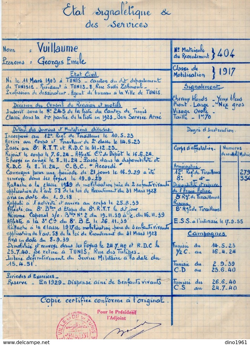 VP15.744 - MILITARIA - TUNIS 1951 - Etat Signalétique & Service Concernant Mr Georges VUILLAUME Ancien Tirailleur - Documenten