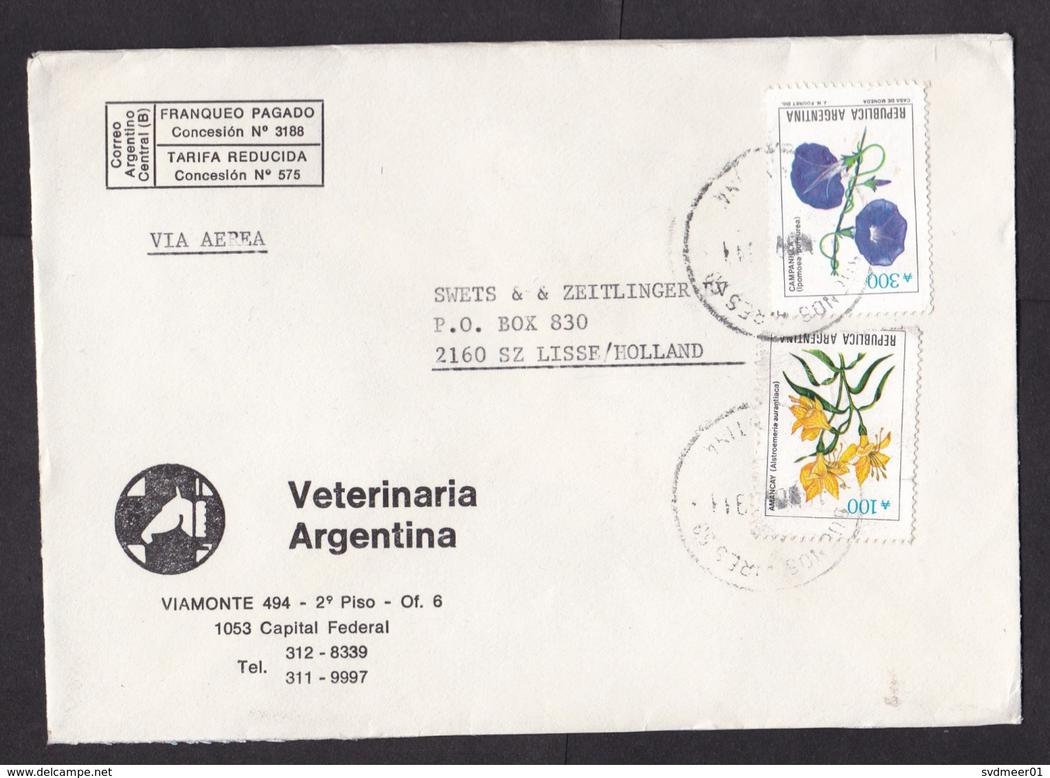 Argentina: Airmail Cover To Netherlands, 1990s, 2 Stamps, Flower, Reduced Rate?, Veterinary Dep. (yellow Stamp Damaged) - Lettres & Documents