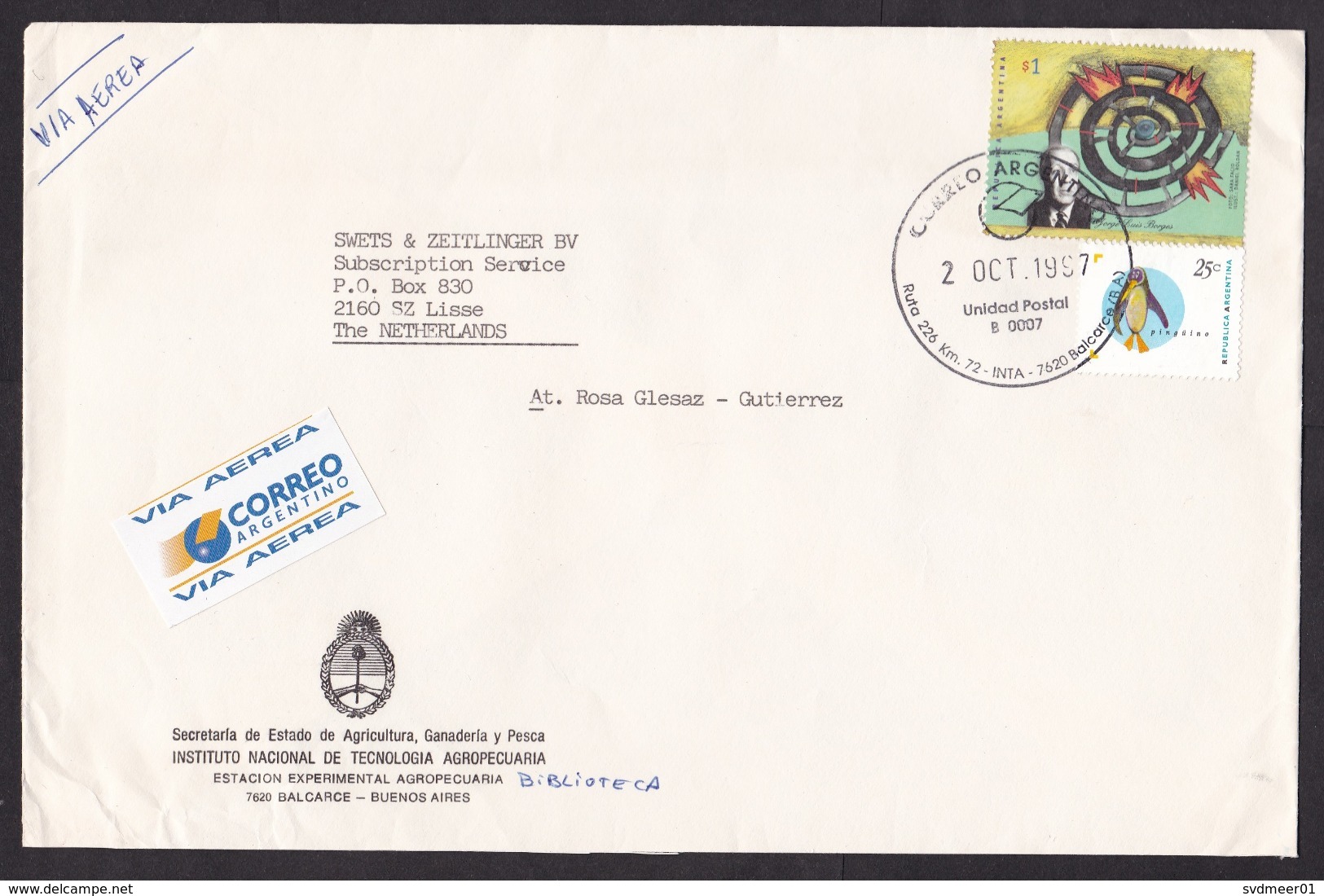 Argentina: Airmail Cover To Netherlands, 1997, 2 Stamps, Borges, Author, Literature, Art, Rare Air Label (traces Of Use) - Lettres & Documents