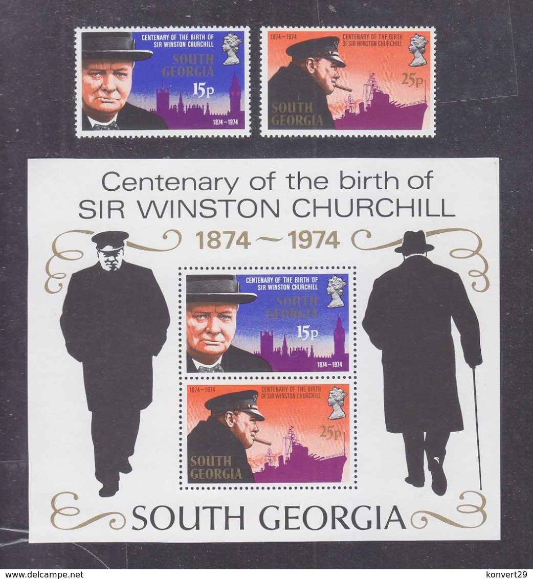 South Georgia 1974 Centenary Of The Birth Of Sir Winston Churchill 2 Stamps+Block MNH - Géorgie Du Sud