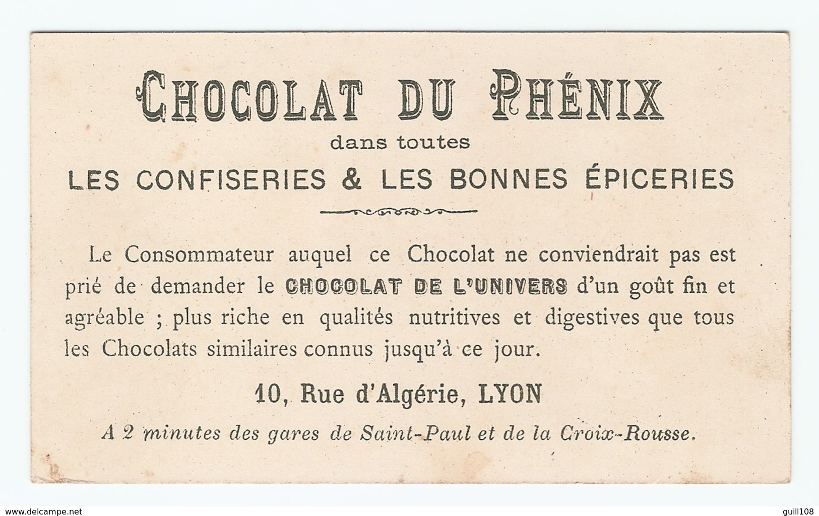 Chromo Chocolat Du Phénix 10 Rue D'Algérie Lyon Lisbonne Port Voilier Cam Oens Armoirie écusson A15-67 - Sonstige & Ohne Zuordnung