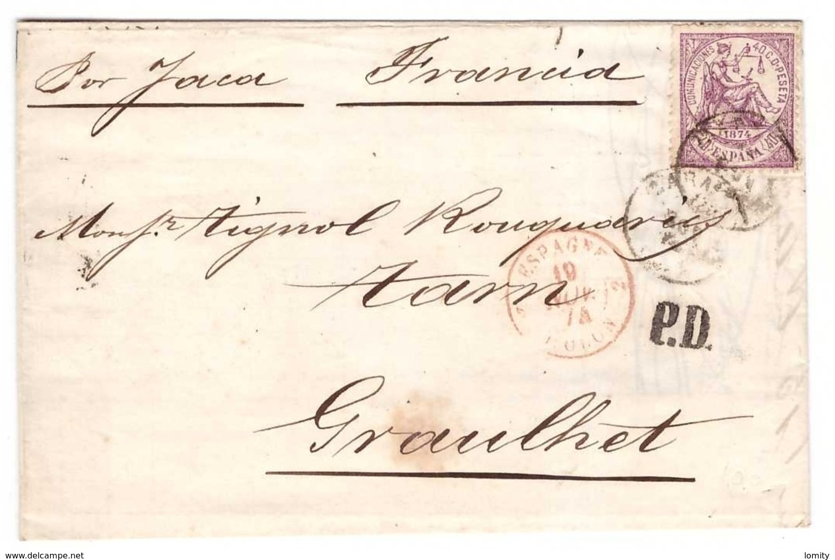 Lettre 1874 Espagne Regence Timbre Allégorie De La Justice 40c  Violet N°146 Pour Graulhet France - Lettres & Documents