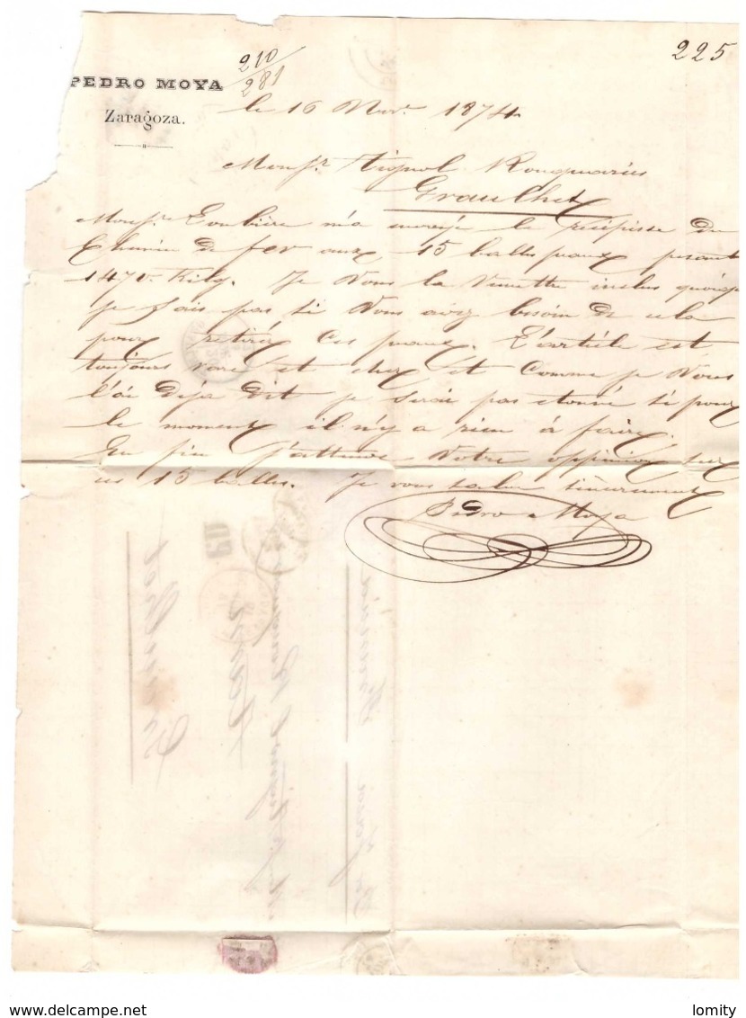 Lettre 1874 Espagne Regence Timbre Allégorie De La Justice 40c  Violet N°146 Pour Graulhet France - Lettres & Documents