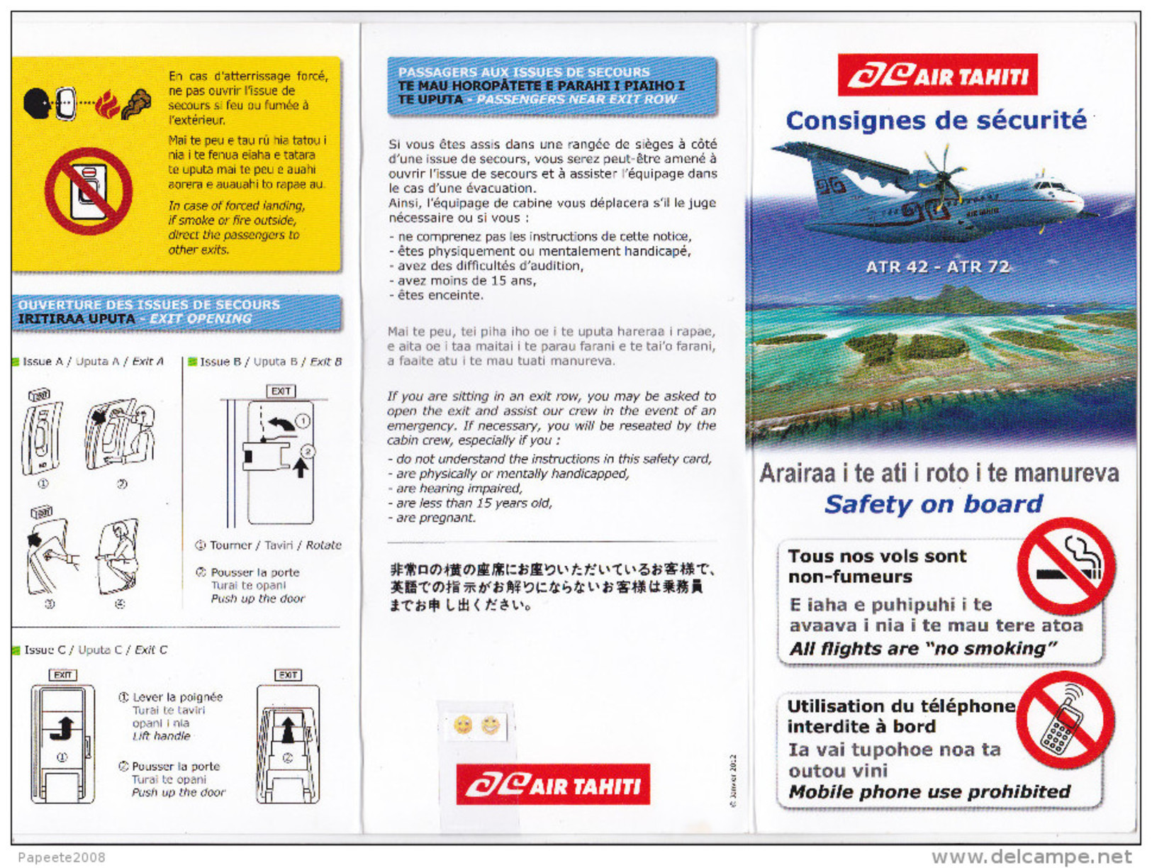 Air Tahiti / ATR 42 - ATR 72 / Consignes De Sécurité / Safety Card - Janvier 2012 - Safety Cards