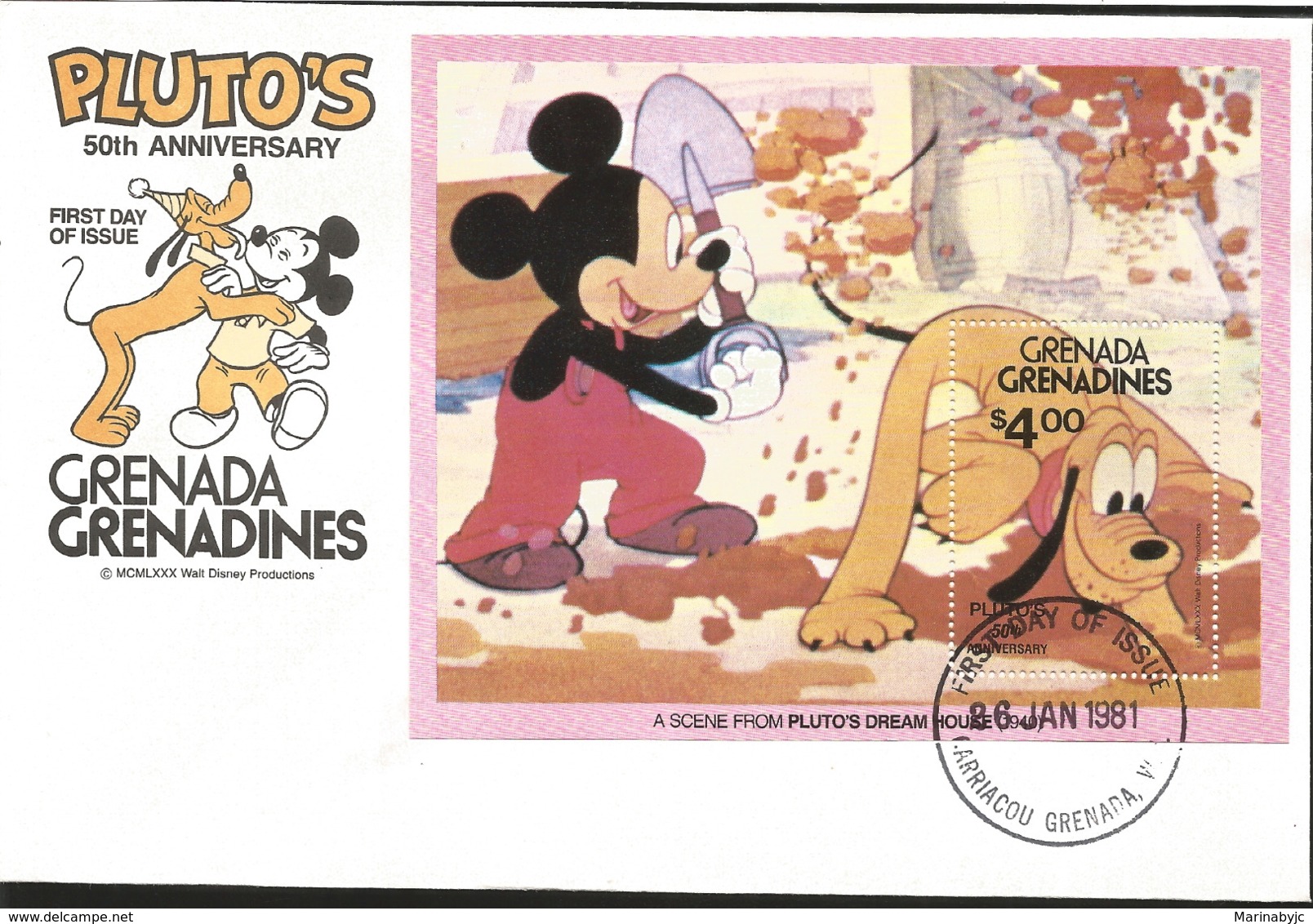 J) 1981 GRENADA, 50th ANNIVERSARY, PLUTO'S, A SCENE FROM PLUTO'S FREAM HOUSE 1940, SOUVENIR SHEET, FDC - Grenada (1974-...)