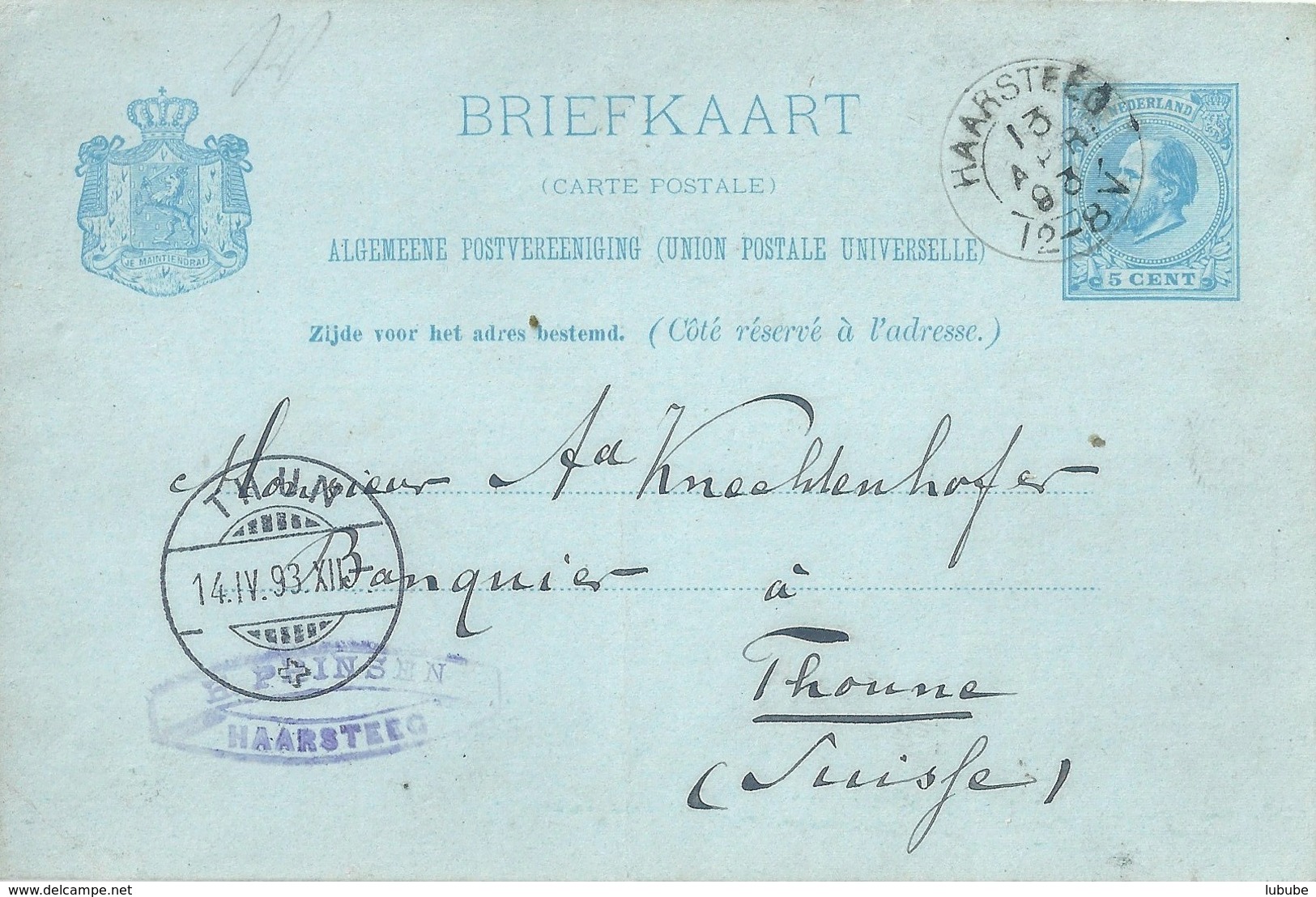 PK  "Prinsen, Haarsteeg" - Thun            1893 - Postal Stationery