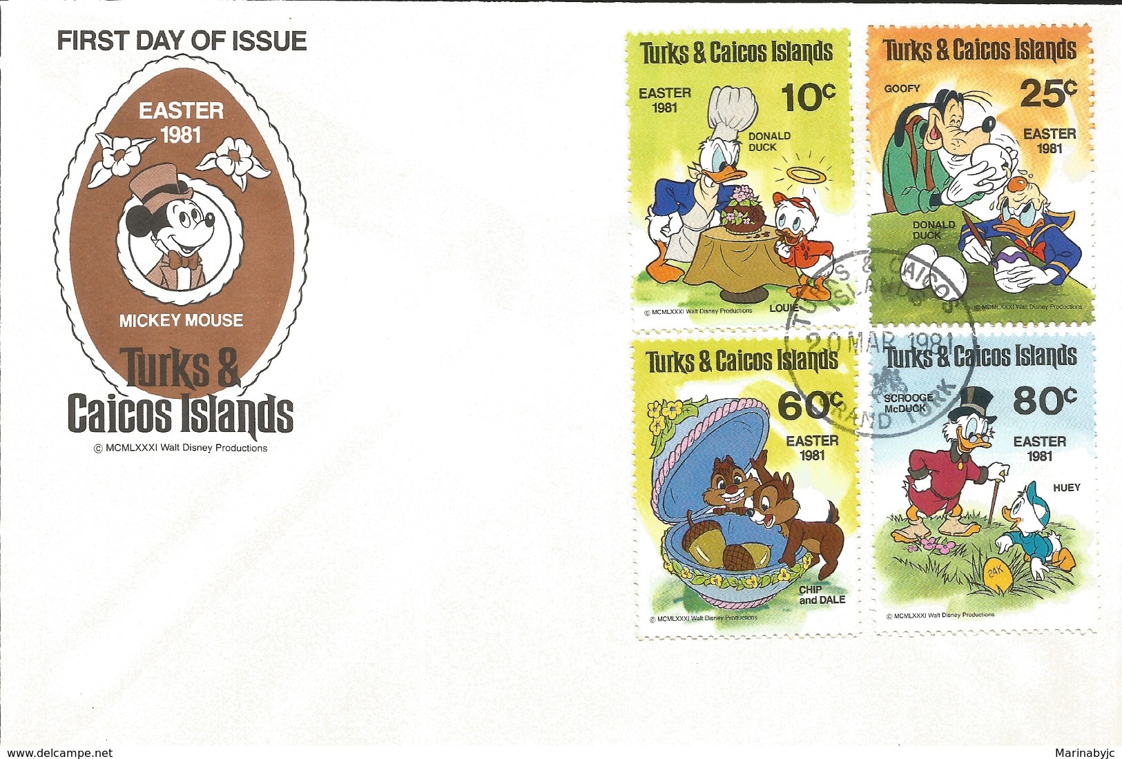 J) 1981 TURKS AND CAICOS ISLANDS, MICKEY, LOUIE, GOOFY, CHIP AND DALE, HUEY, MULTIPLE STAMPS, FDC - Turks & Caicos