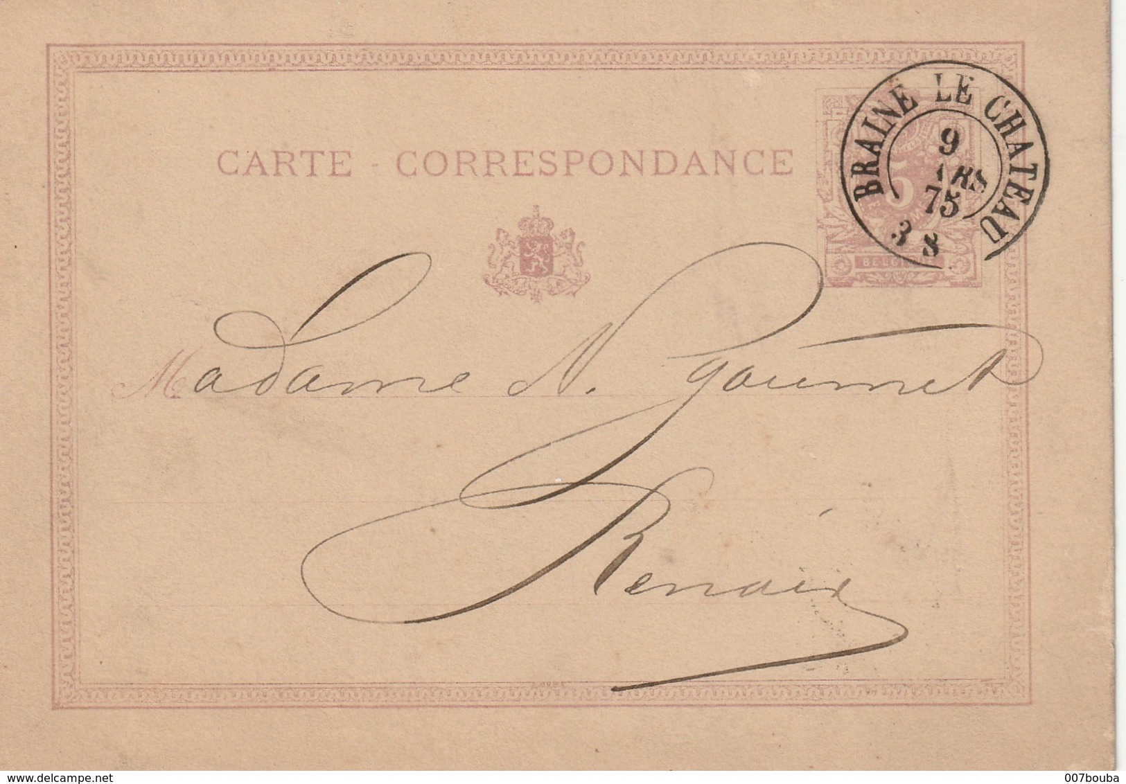 EP 5c - Oblitération DC Braine-le-Chateau 1875 Vers Renaix - Cartes Postales 1871-1909