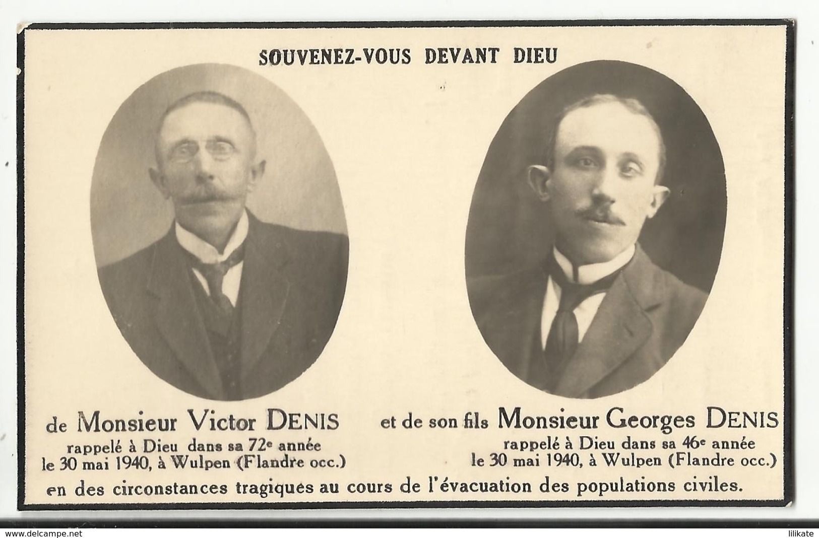 Mortuaire Victor Et Georges DENIS, Frasnes-lez-Gosselies - WULPEN Mai 1940 évacuation Des Populations Civiles Militaria - Religion & Esotérisme