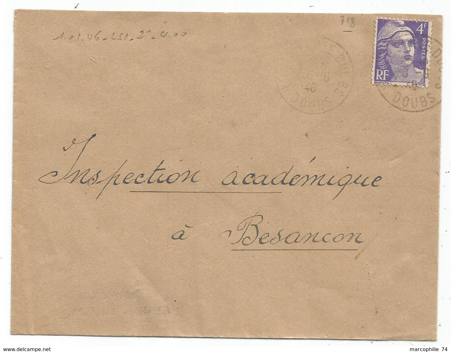 GANDON 4FR VIOLET SEUL LETTRE BESANCON 1946 AU TARIF TARIF 2EME - 1921-1960: Modern Period