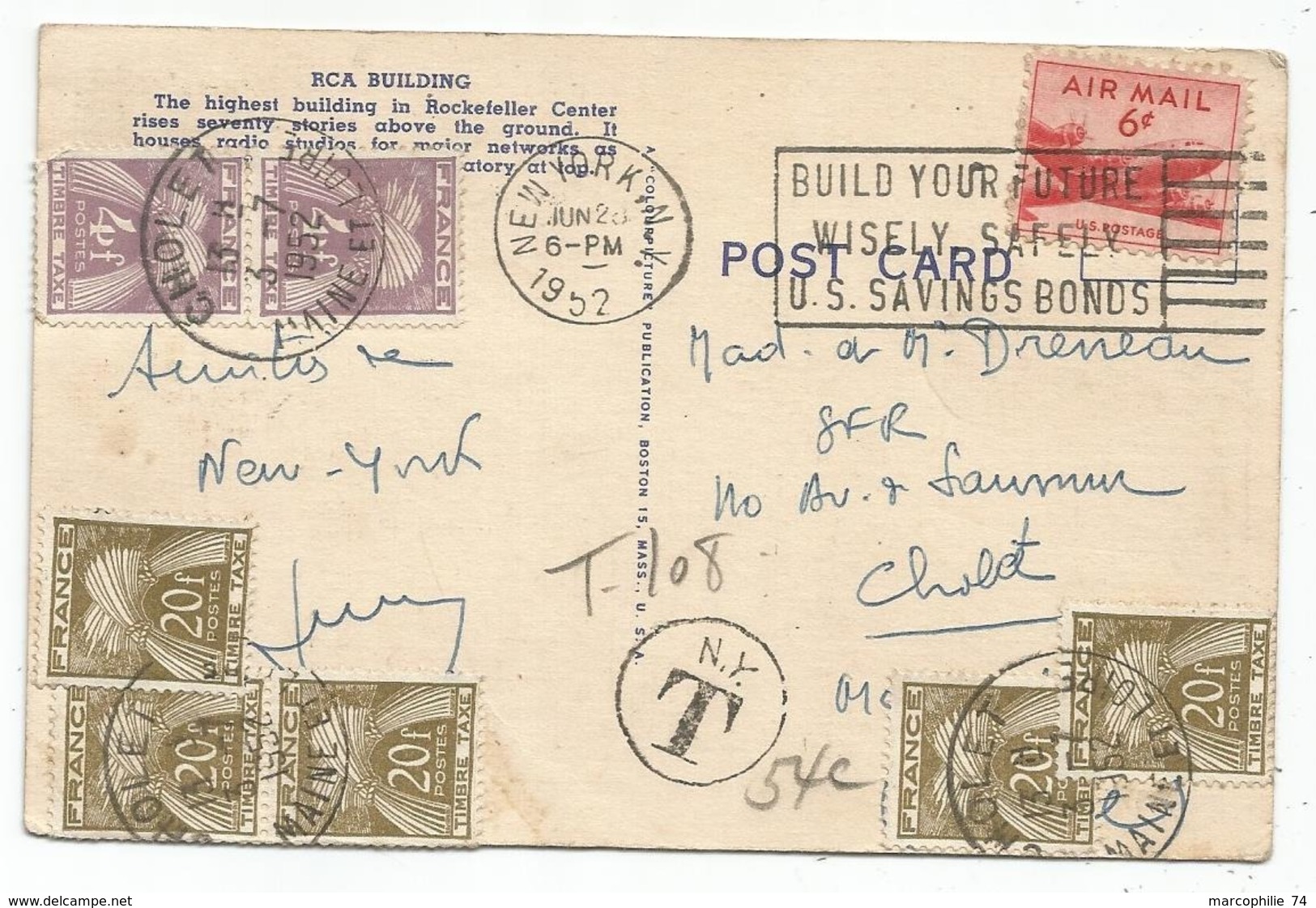 TAXE 20FRX5+4FRX2 CHOLET MAINE ET LOIRE CARTE USA PA 6C NEW YORK 1952 - 1859-1959 Covers & Documents