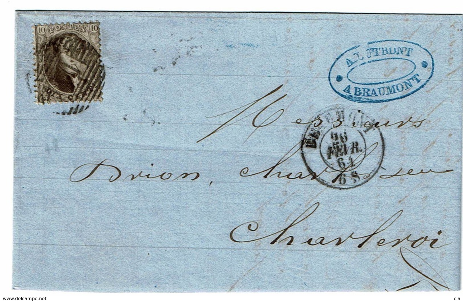 14A Lettre  Obl  14 Beaumont (+8)  Vers Charleroi, Verso Charleroi - 1863-1864 Médaillons (13/16)