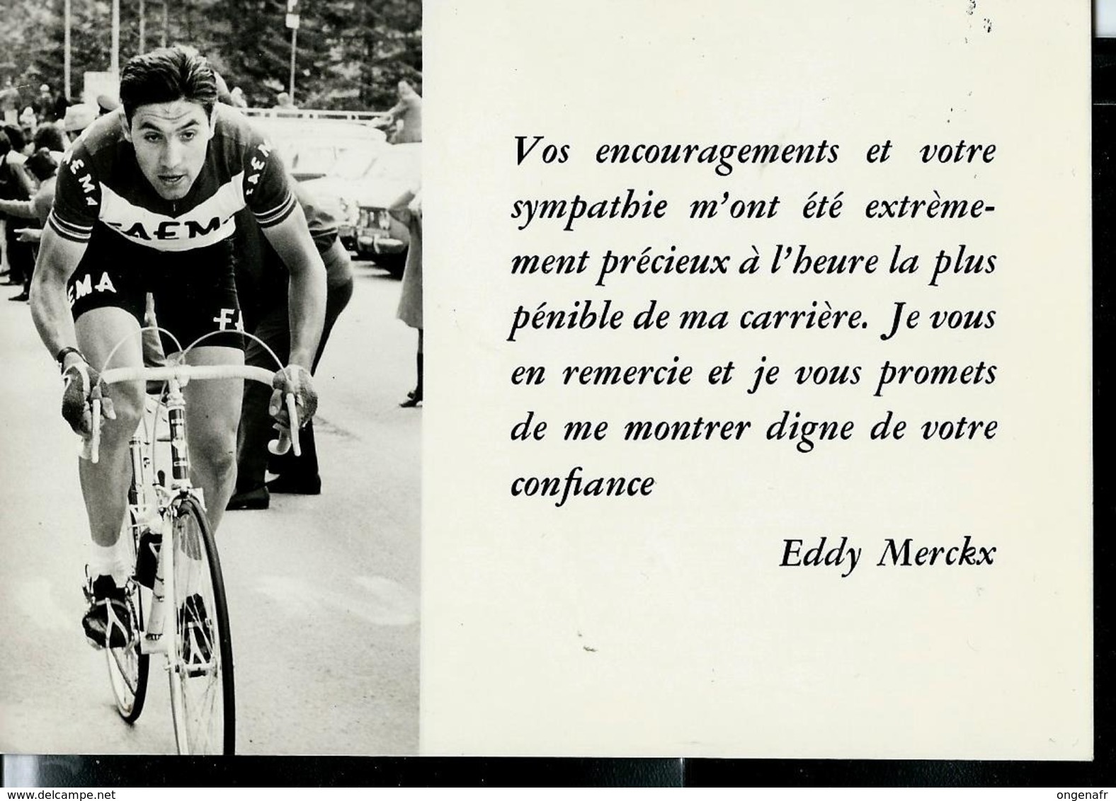 Carte De Remerciements  D' Eddy MERCKX  (dos Vierge Et Blanc) - Cyclisme