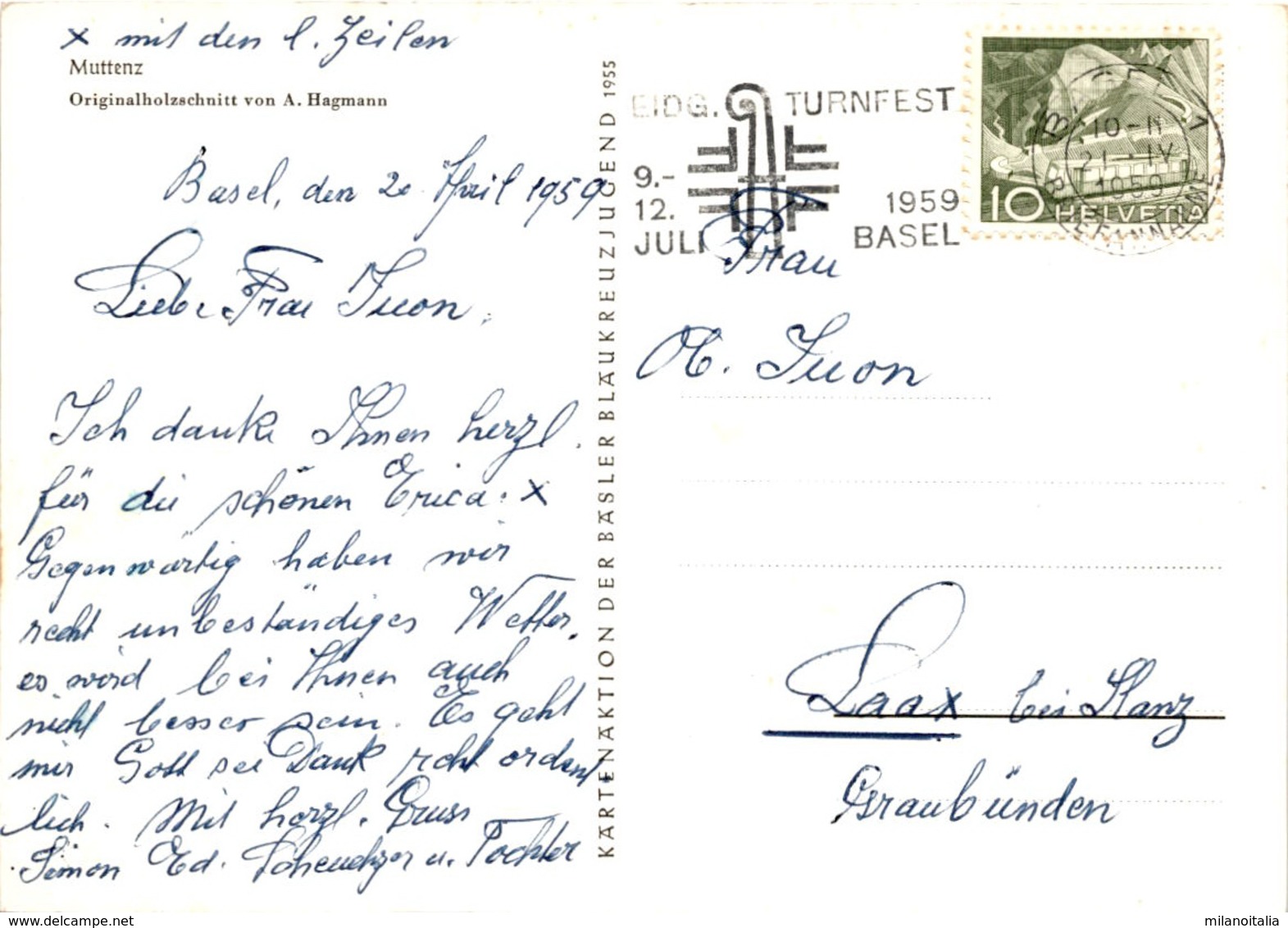 Muttenz - Originalholzschnitt Von A. Hagmann * Karte Von 1955 * 21. 5. 1959 - Muttenz