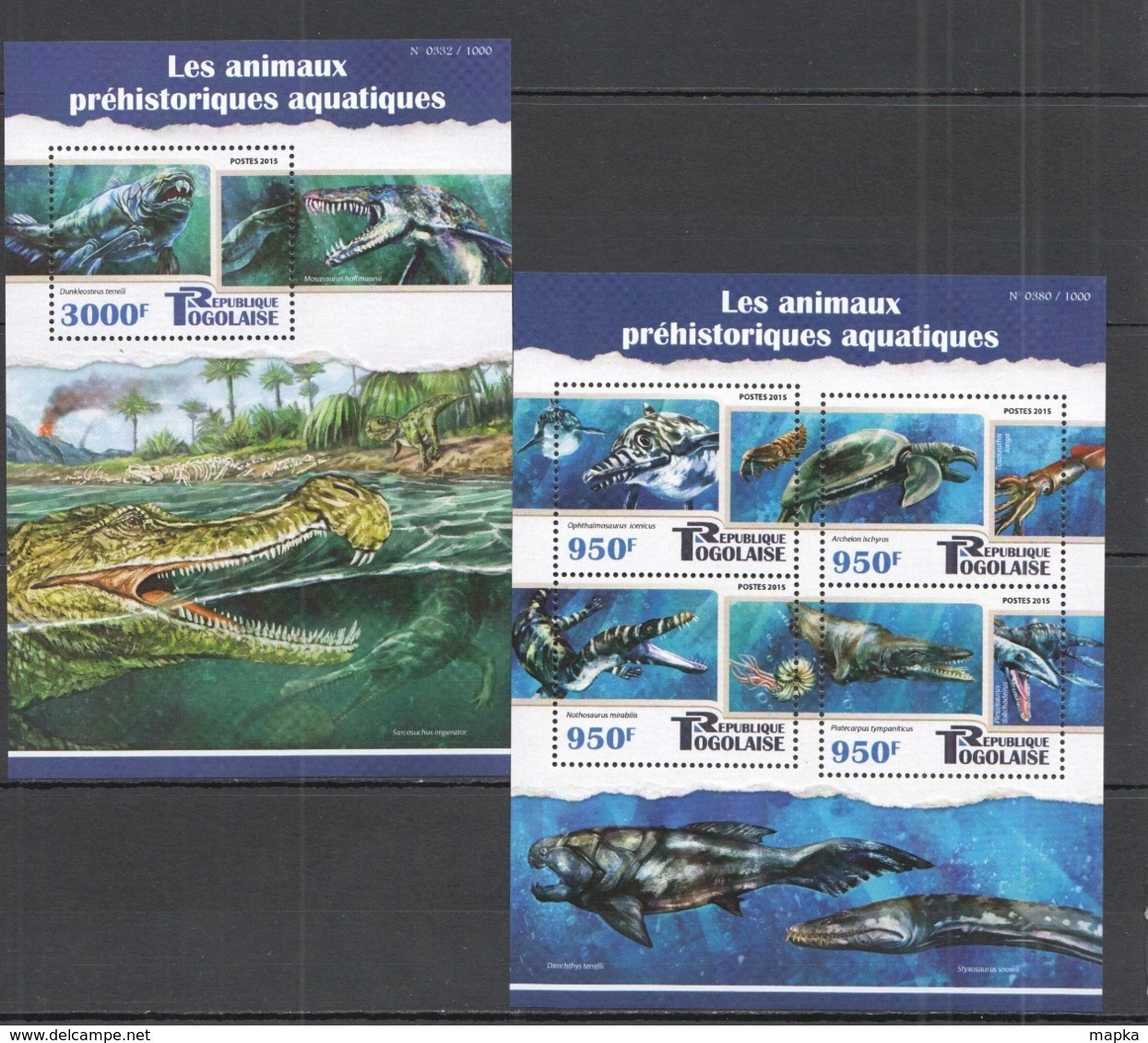 TG101 2015 TOGO TOGOLAISE FAUNA MARINE PREHISTORIC ANIMALS ANIMAUX AQUATIQUES KB+BL MNH - Préhistoriques