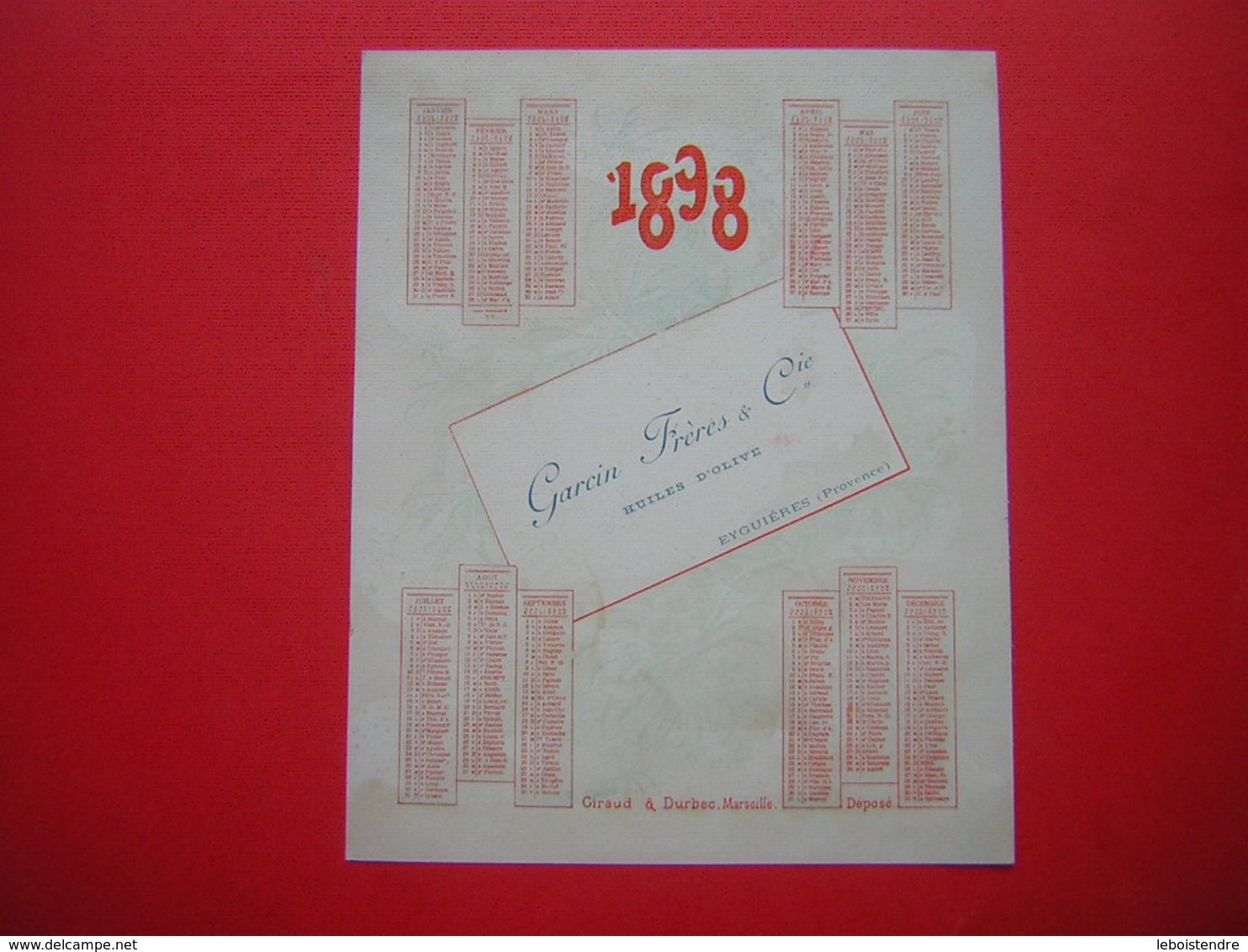 CALENDRIER  MENU ILLUSTRATION CHAMPETRE ET FRUITS   ANNEE 1898 GARCIN FRERES & Cie EYGUIERES PROVENCE - Tamaño Pequeño : ...-1900