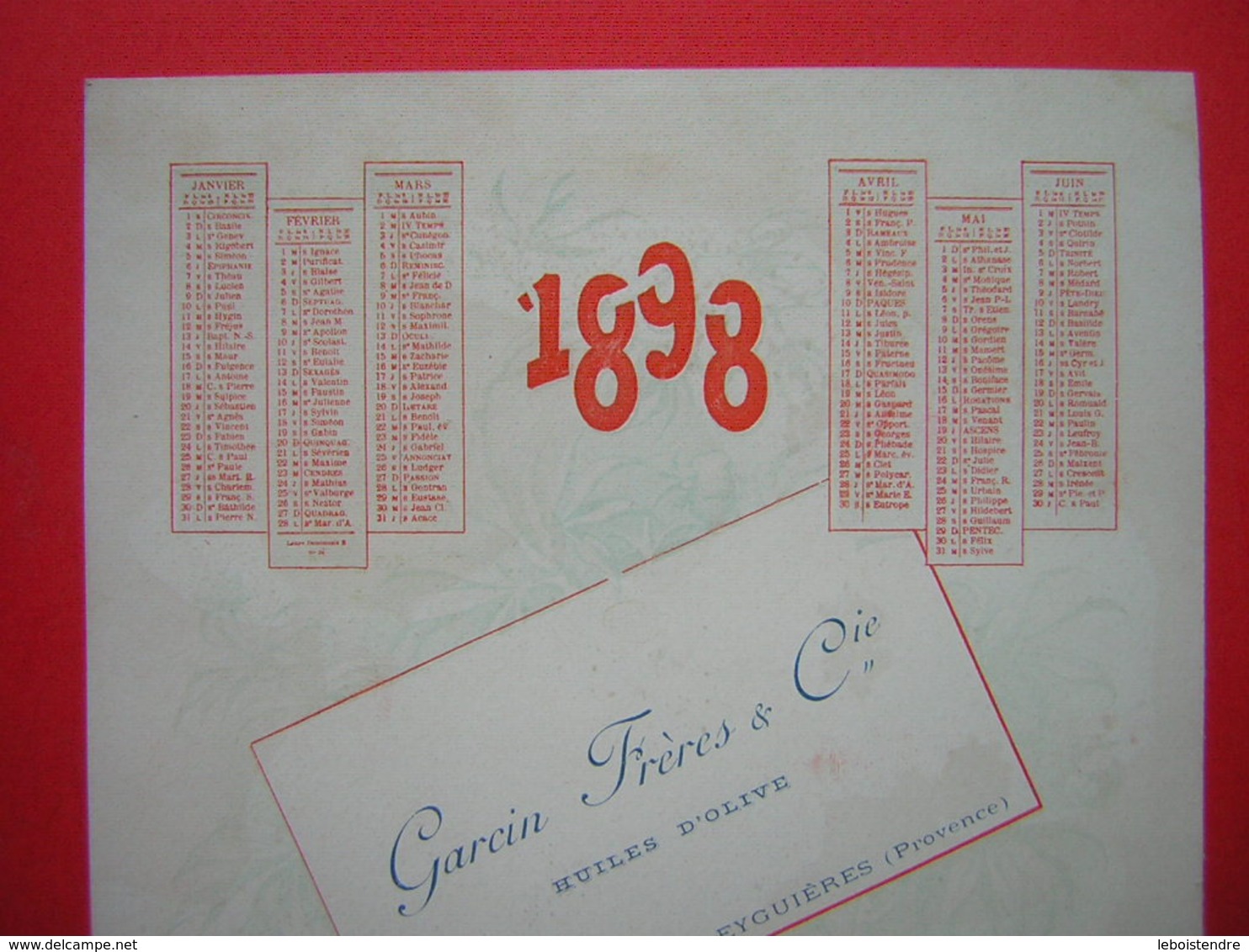 CALENDRIER  MENU ILLUSTRATION CHAMPETRE ET FRUITS   ANNEE 1898 GARCIN FRERES & Cie EYGUIERES PROVENCE - Kleinformat : ...-1900