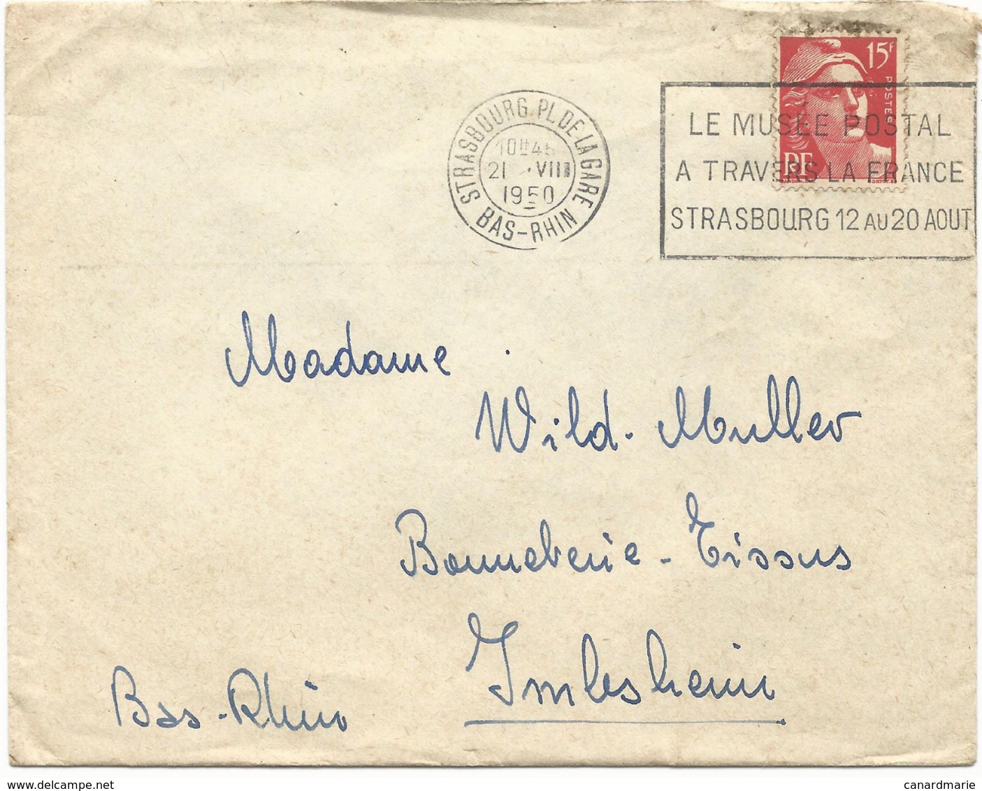 LETTRE 1950 AVEC OBLITERATION MECANIQUE LE MUSEE POSTAL A TRAVERS LA FRANCE STRASBOURG - Lettres & Documents