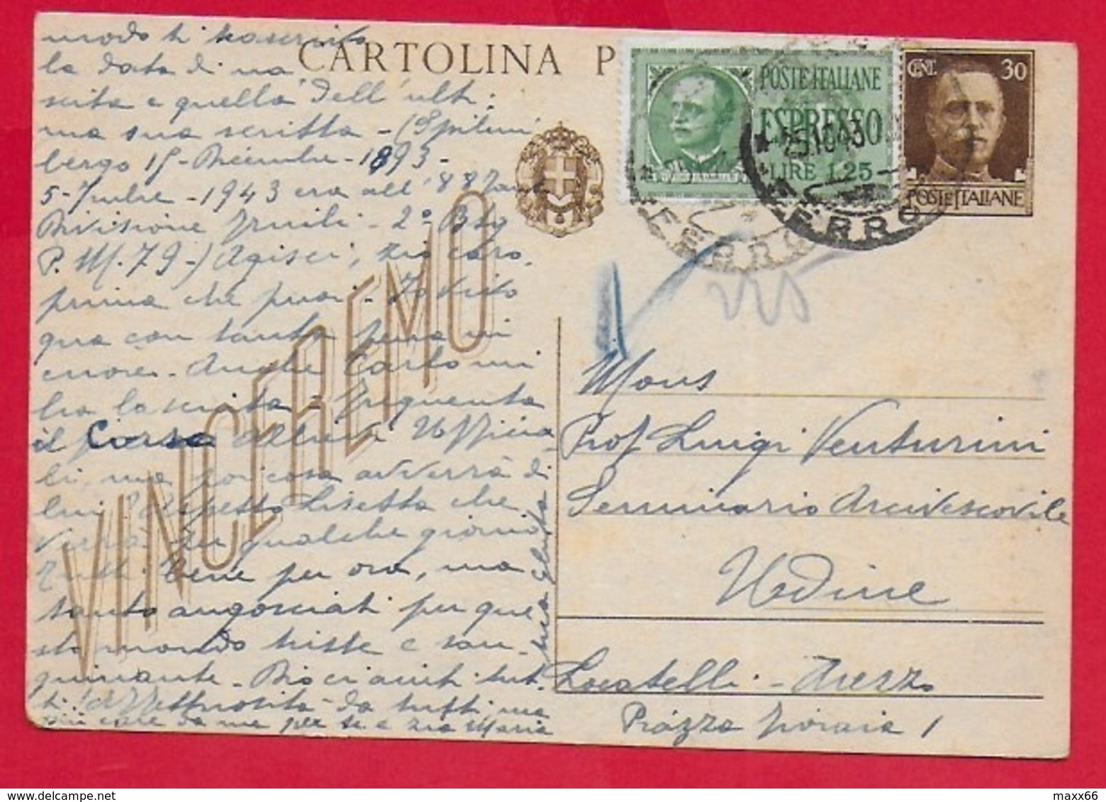 CARTOLINA POSTALE VG ITALIA - 1942 IMPERIALE VINCEREMO 30 Cent - U. CP 98 - Espresso - 10 X 15 - 1943 - Interi Postali
