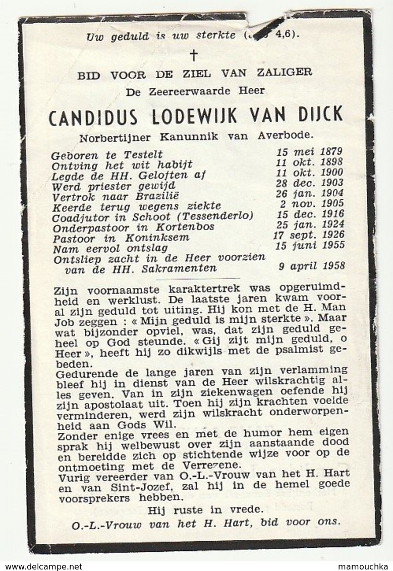 Dp. Candidus Lodewijk Van Dijck Norbertijner Kanunnik Averbode Testelt Brazilië Schoot Kortenbos Koninksem Tongeren 1958 - Imágenes Religiosas