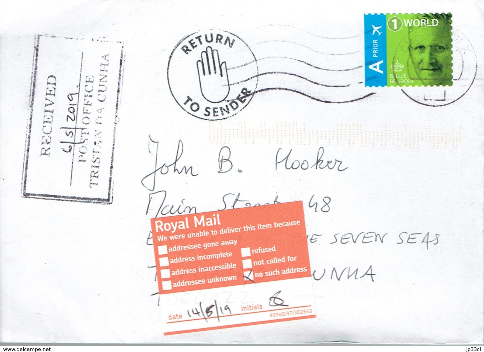 Letter "Return To Sender" From Tristan Da Cunha Post Office To Belgium (6/5/2019) - Tristan Da Cunha