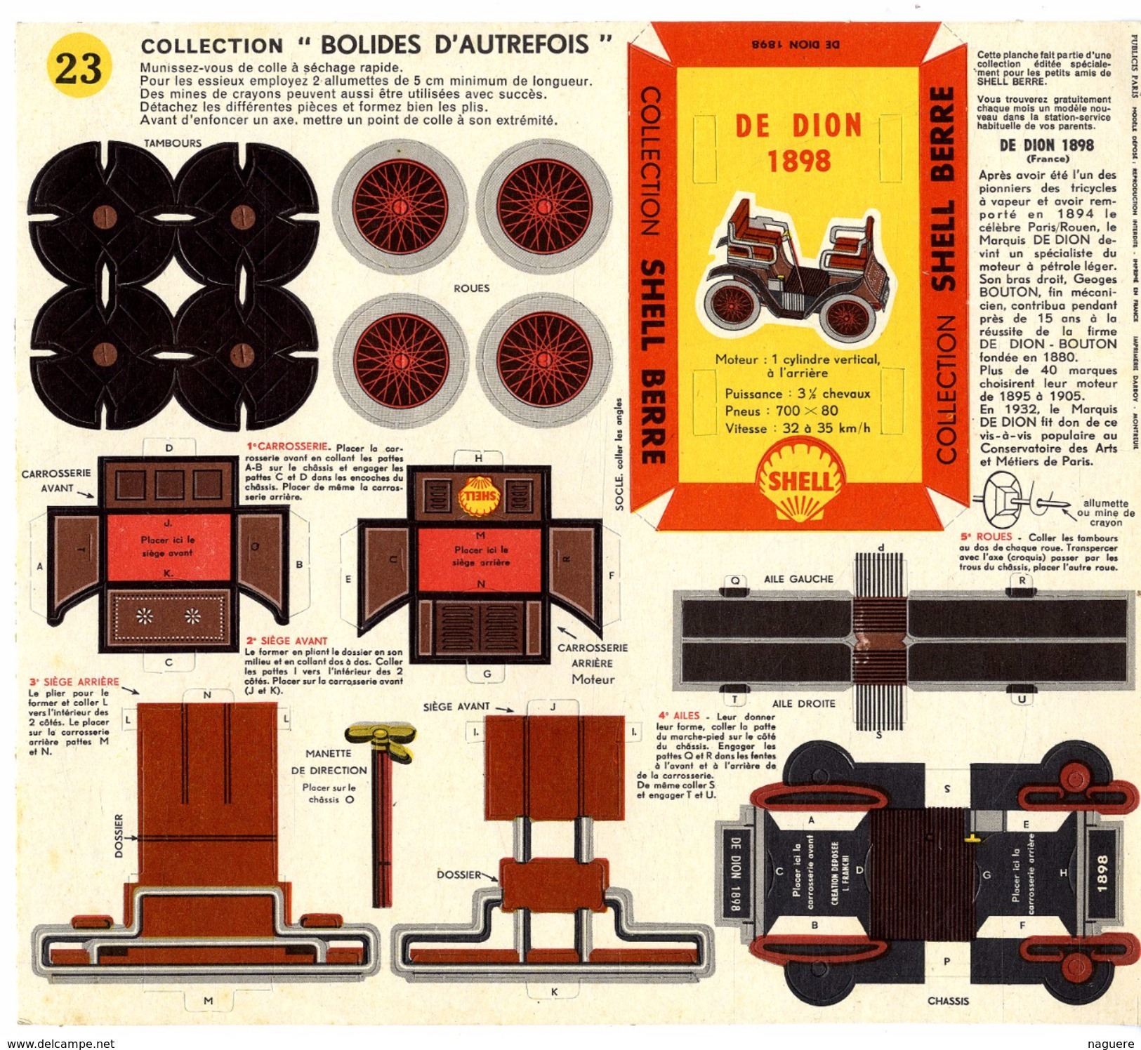 DE DION 1898 COLLECTION SCHELL BERRE   BOLIDES D AUTREFOIS   MAQUETTE EN CARTON  EDITION ANNEE 50 - Kartonmodellbau  / Lasercut