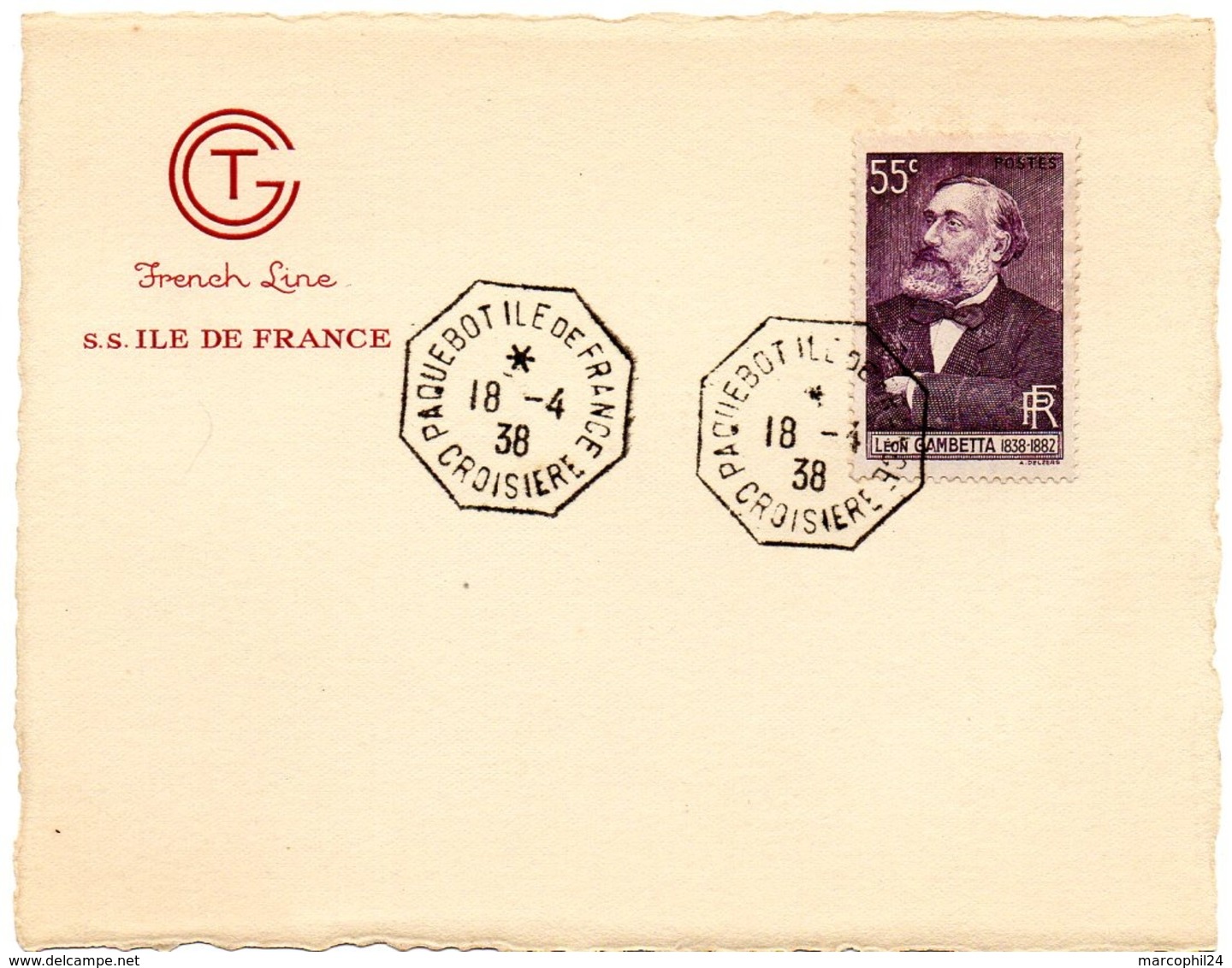 MARINE = [76 LE HAVRE] 1938 = CACHET HEXAGONAL ' PAQUEBOT ILE FRANCE CROISIERE ' + N° Yvt  378 - Maritime Post