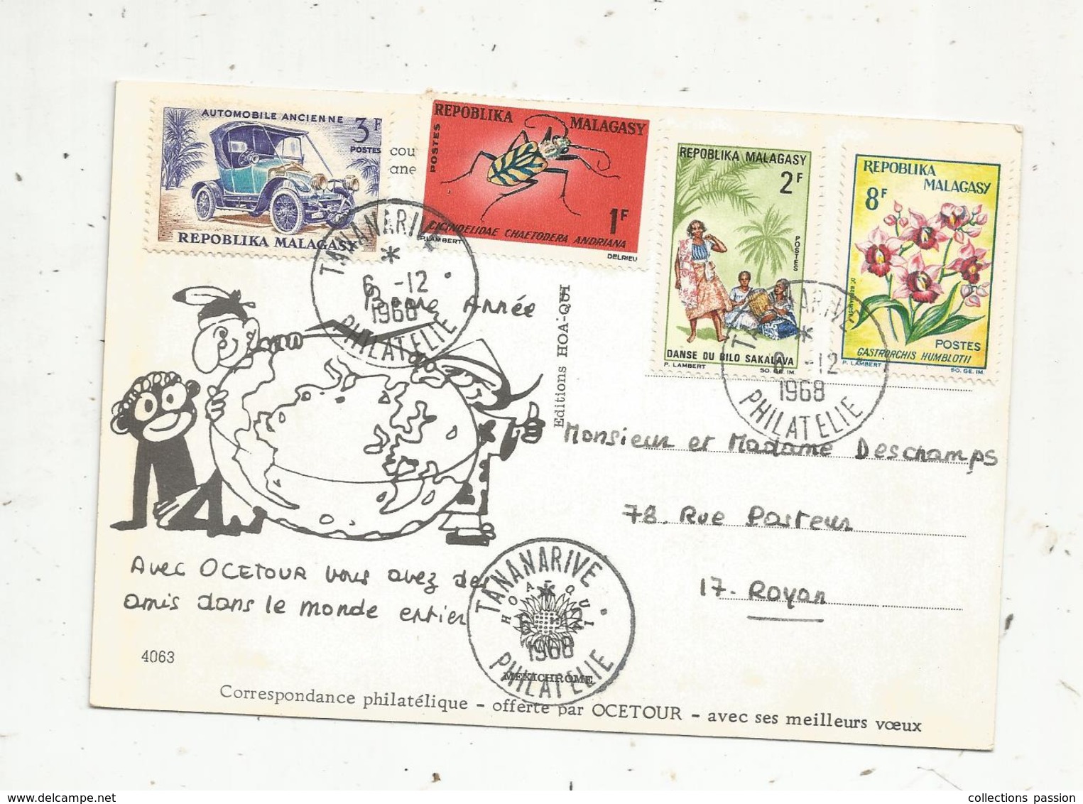 Timbre Sur Carte Postale, MADAGASCAR , REPOBLIKA MALAGASY , Tananarive Philatélie ,1968 ,publicité Ocetour,oiseaux - Madagascar (1960-...)