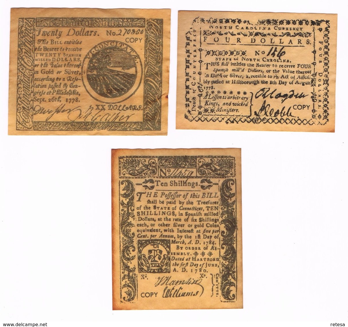 // COLONIAL & REVOLUTIONARY CURRENCY SET " B " COPY - Collections