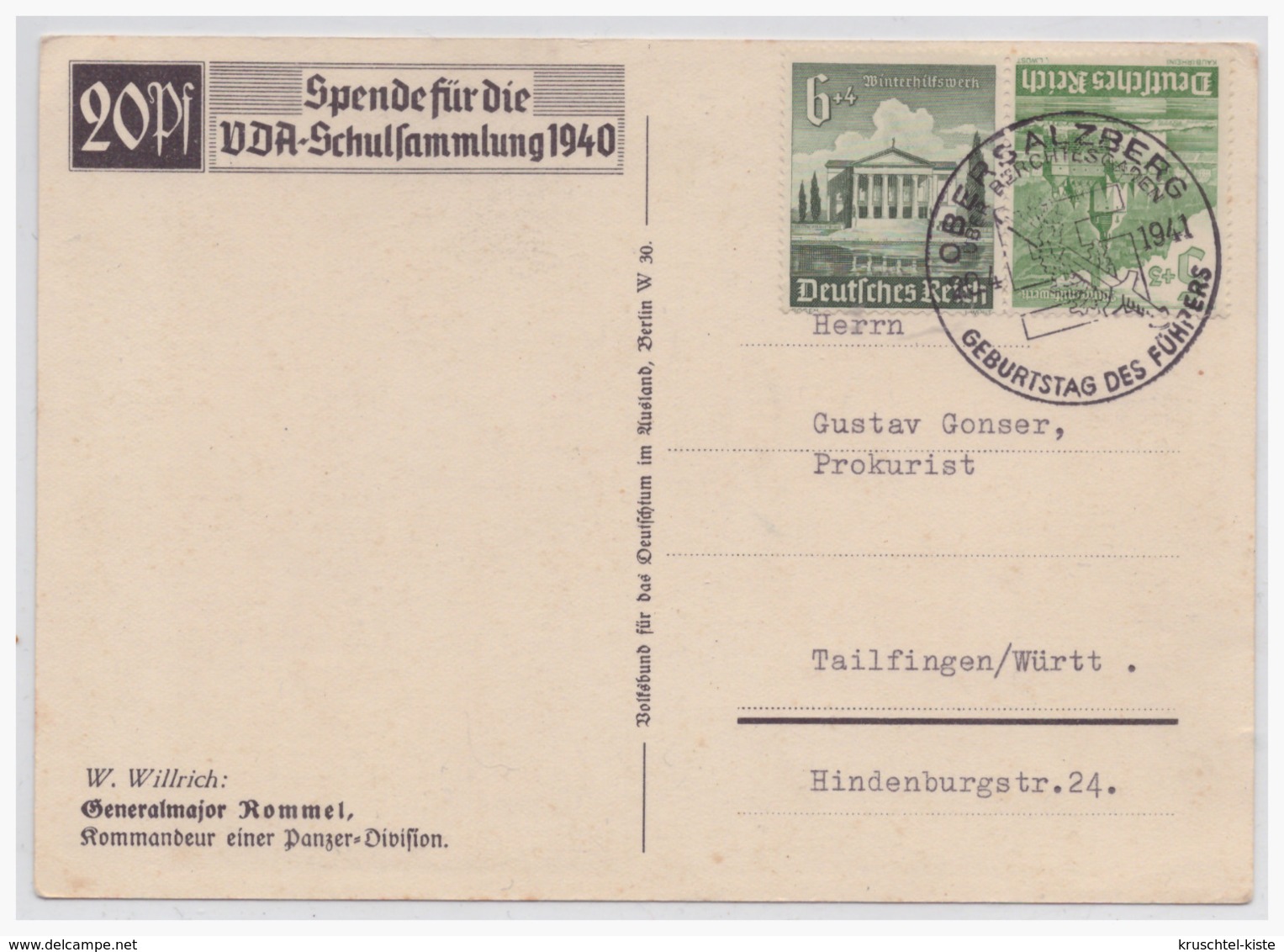 Dt.-Reich (000083) Propaganda Karte Generalmajor Rommel, W. Willrichkarte, Gebraucht Mit SST Obersalzberg Am 20.4.1941 - Briefe U. Dokumente