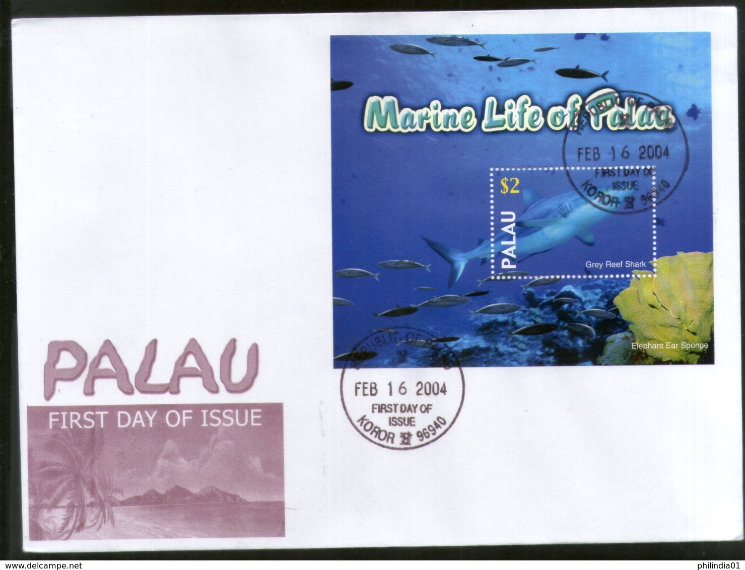Palau 2004 Grey Reef Shark Fishes Marine Life Animals Sc 758 M/s FDC # 9396 - Marine Life